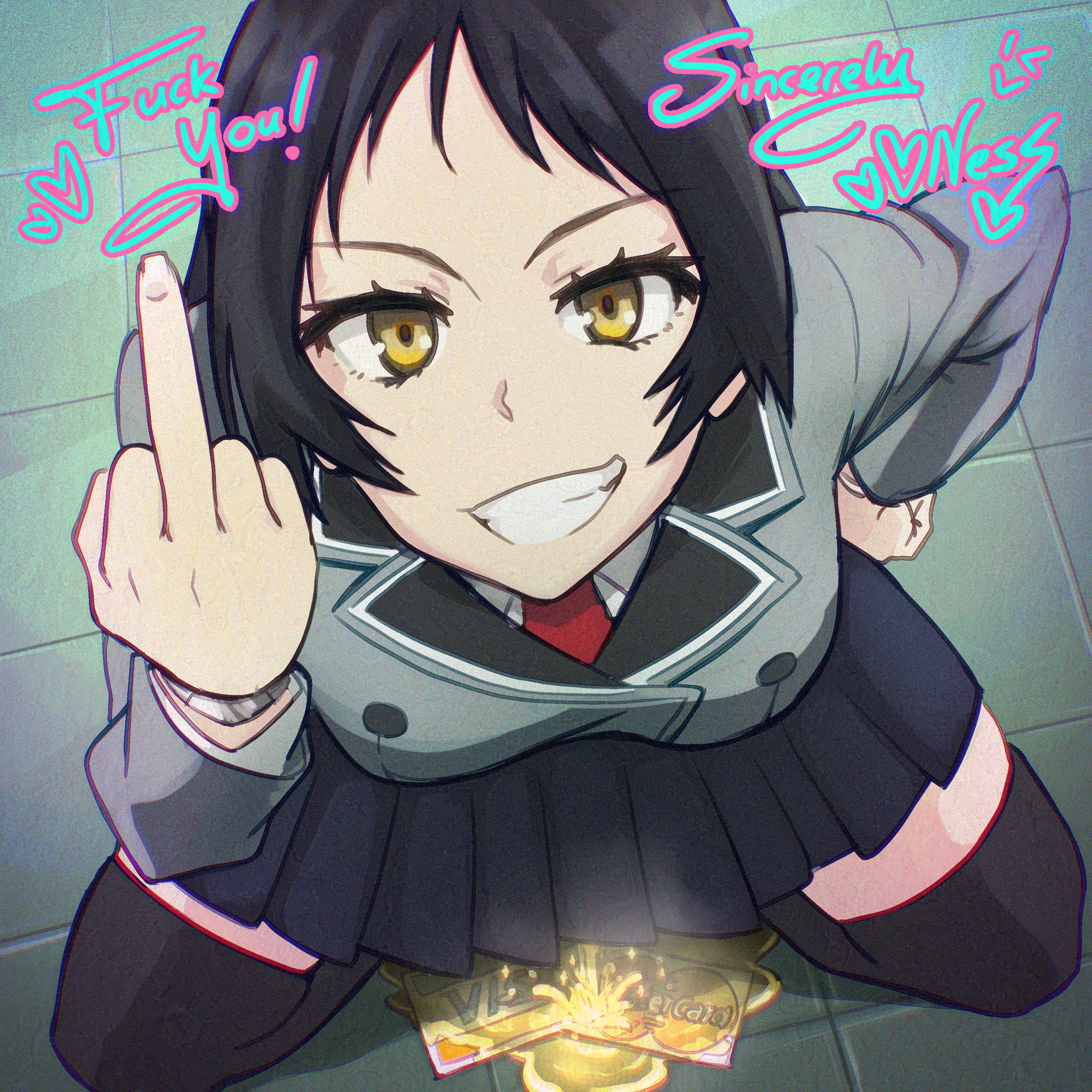 2d, black thighhighs, breasts, busty, creative nonviolence, creative protest, credit card, defiance, defiant, female, female focus, female only, hourglass figure, kajou ayame, lewd nessie, mastercard, middle finger, peeing, protest, rebellion, rebellious, school uniform, schoolgirl, shimoneta to iu gainen ga sonzai shinai taikutsu na sekai, skirt, squatting, symbolic, tagme, thighhighs, urination, urine, visa, wide hips