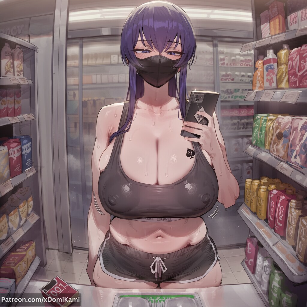 1boy, 1girl, 2026, 2d, absurd res, absurd resolution, absurdres, after rape, ai generated, bare shoulders, black shorts, black sports bra, brand name imitation, breasts, broken rape victim, cellphone, cleavage, collarbone, condom box, corruption, covered nipples, femsub, hi res, high quality, high resolution, highres, highschool of the dead, holding, holding phone, huge breasts, image, indoors, long hair, looking at viewer, mask, mind break, mouth mask, navel, netorare, ntr, patreon, patreon username, phone, product placement, purple eyes, purple hair, queen of spades, rape, raped, raped female, saeko busujima, shop, short shorts, shorts, smartphone, solo, sports bra, standing, stomach, sweat, tattoo, thighs, uncensured, watermark, xdomikami