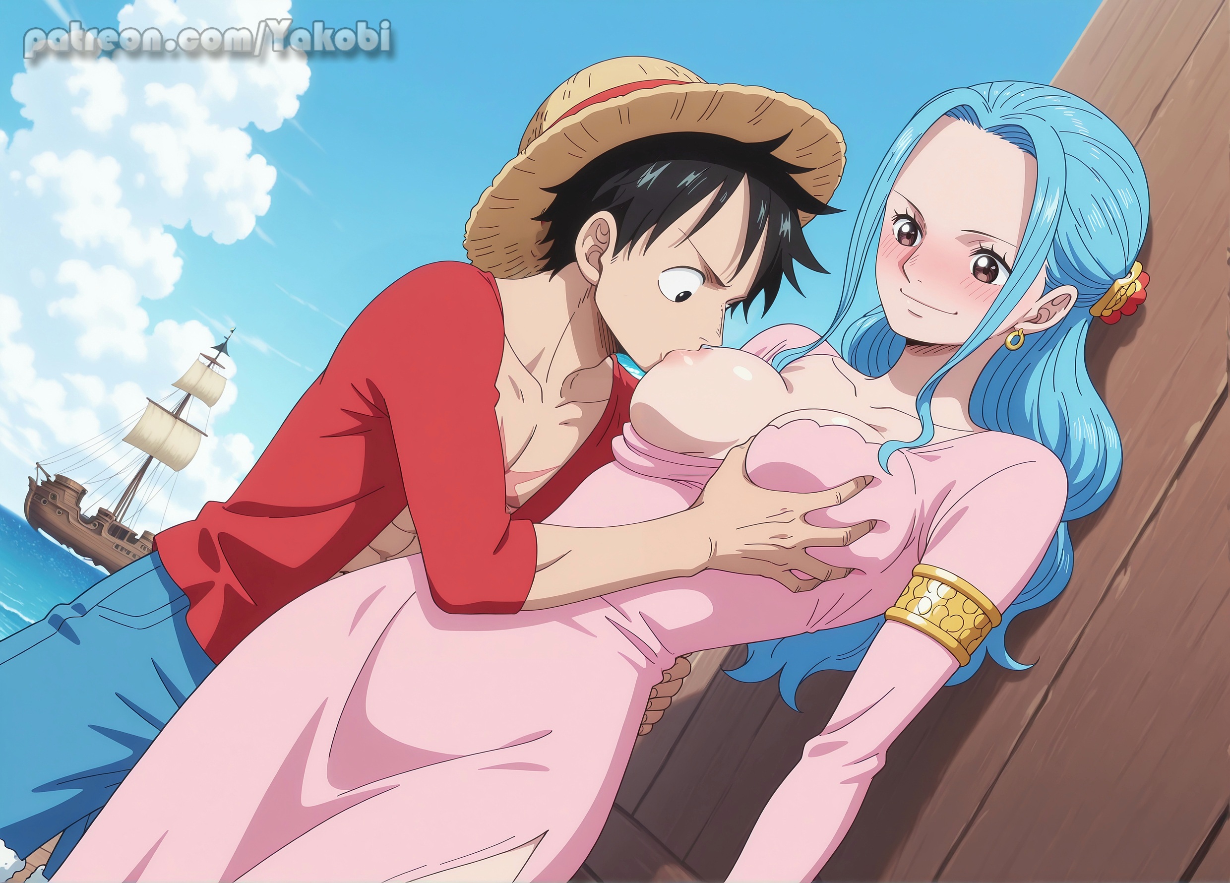 1boy, 1girls, abs, ai generated, big breasts, black hair, black-haired male, blue hair, blue-haired female, blush, breast grab, breast out, busty, couple, dress, female, male, male/female, monkey d luffy, muscular, nefertari vivi, one piece, princess, sucking, sucking nipples