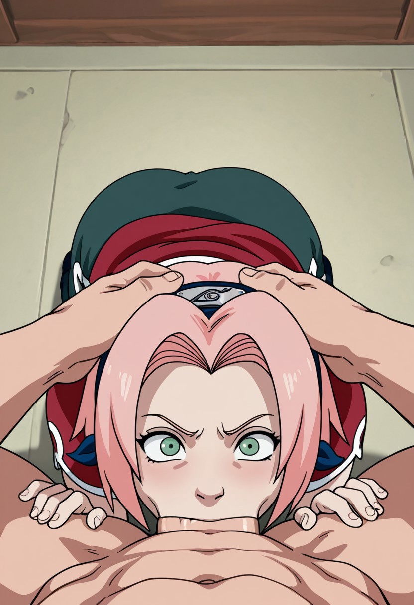 1boy, 1girls, ai generated, big penis, bike shorts, blowjob, deepthroat, fellatio, female, green eyes, kneeling, large penis, light skin, light-skinned female, light-skinned male, male, naruto, naruto (series), novaro1337, oral, oral sex, penis, pink hair, pov, qipao, red shirt, sakura haruno, sakura haruno (genin), short hair, short sleeve, short sleeves
