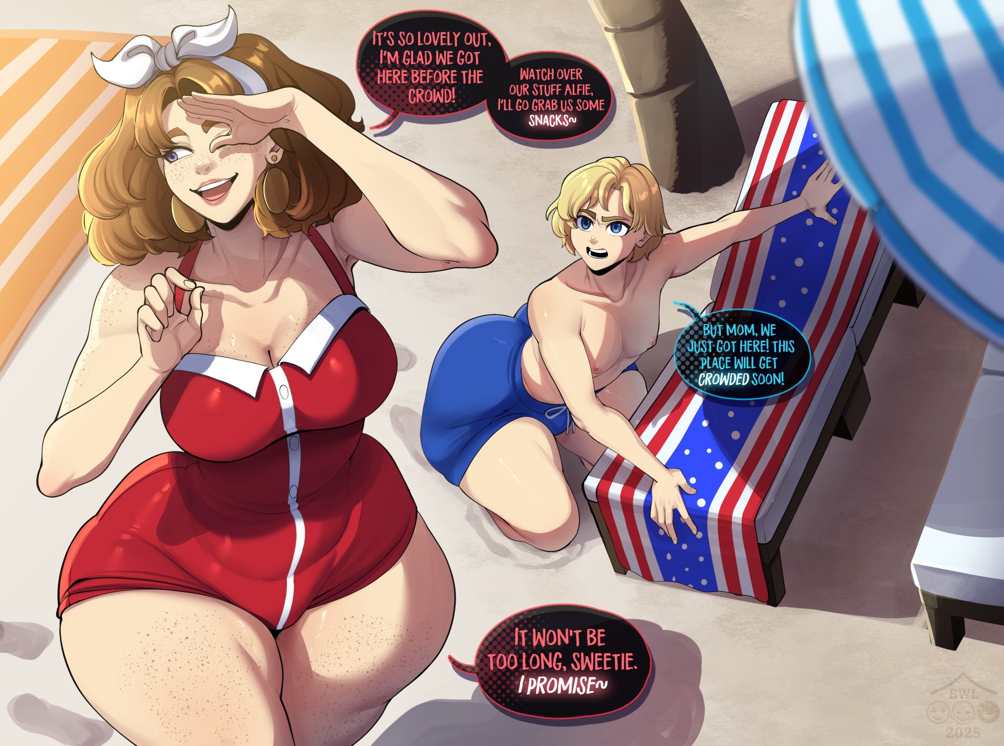 1boy, 1girls, 2025, alfred webley jr., beach, beach background, big ass, big breasts, blackwhiplash, blackwhiplashverse, breasts, dialogue, english text, female, femboy, freckles, hair ornament, hi res, high resolution, highres, huge ass, large ass, large breasts, light skin, light-skinned female, light-skinned male, male, married female, married woman, martha webley (blackwhiplash), mature, mature female, milf, mother and son, original, original character, original characters, pawg, swimsuit, text, wide hips