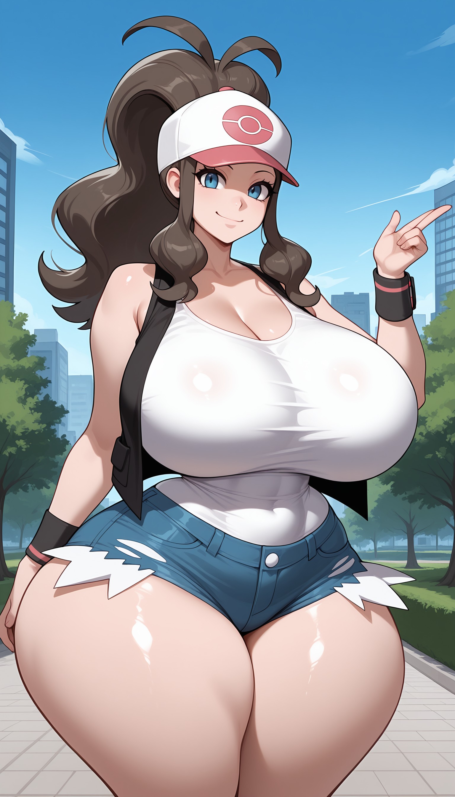 1girls, ai generated, big ass, big breasts, blue eyes, breasts, brown hair, cleavage, cropped jacket, curvaceous, curvy female, cutoff shorts, daisy dukes, female, female only, game freak, hana aera, hat, hilda (pokemon), hourglass figure, large breasts, light skin, light-skinned female, looking at viewer, nintendo, outdoors, pokemon, pokemon bw, ponytail, posing, short shorts, standing, tank top, thick, thick thighs, voluptuous, voluptuous female, wide hips