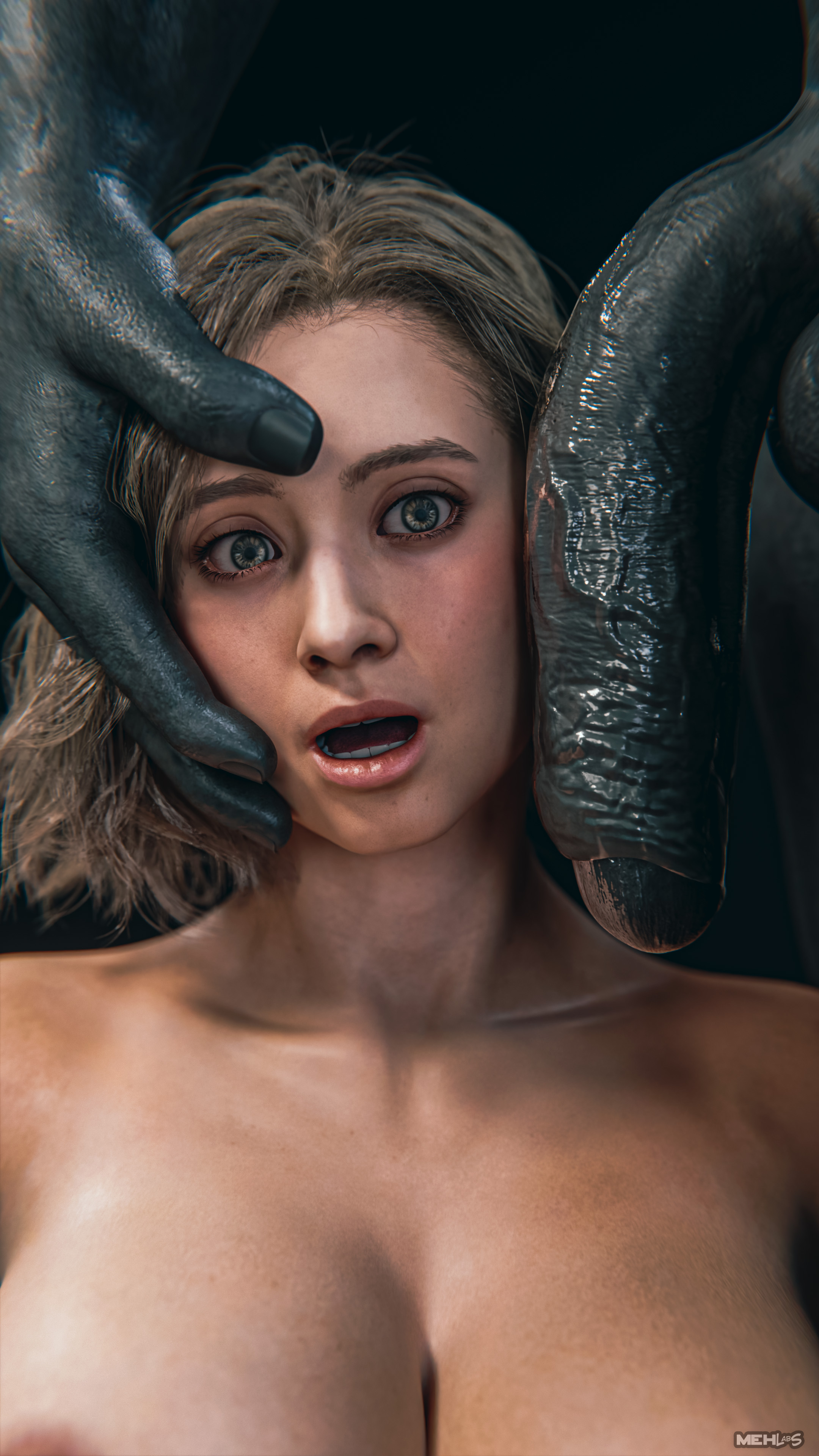 1girls, 1monster, 3d, blonde hair, cock, dick, grace ashcroft, hi res, mehlabs, monster, monster on female, mr x, nude, nude female, resident evil
