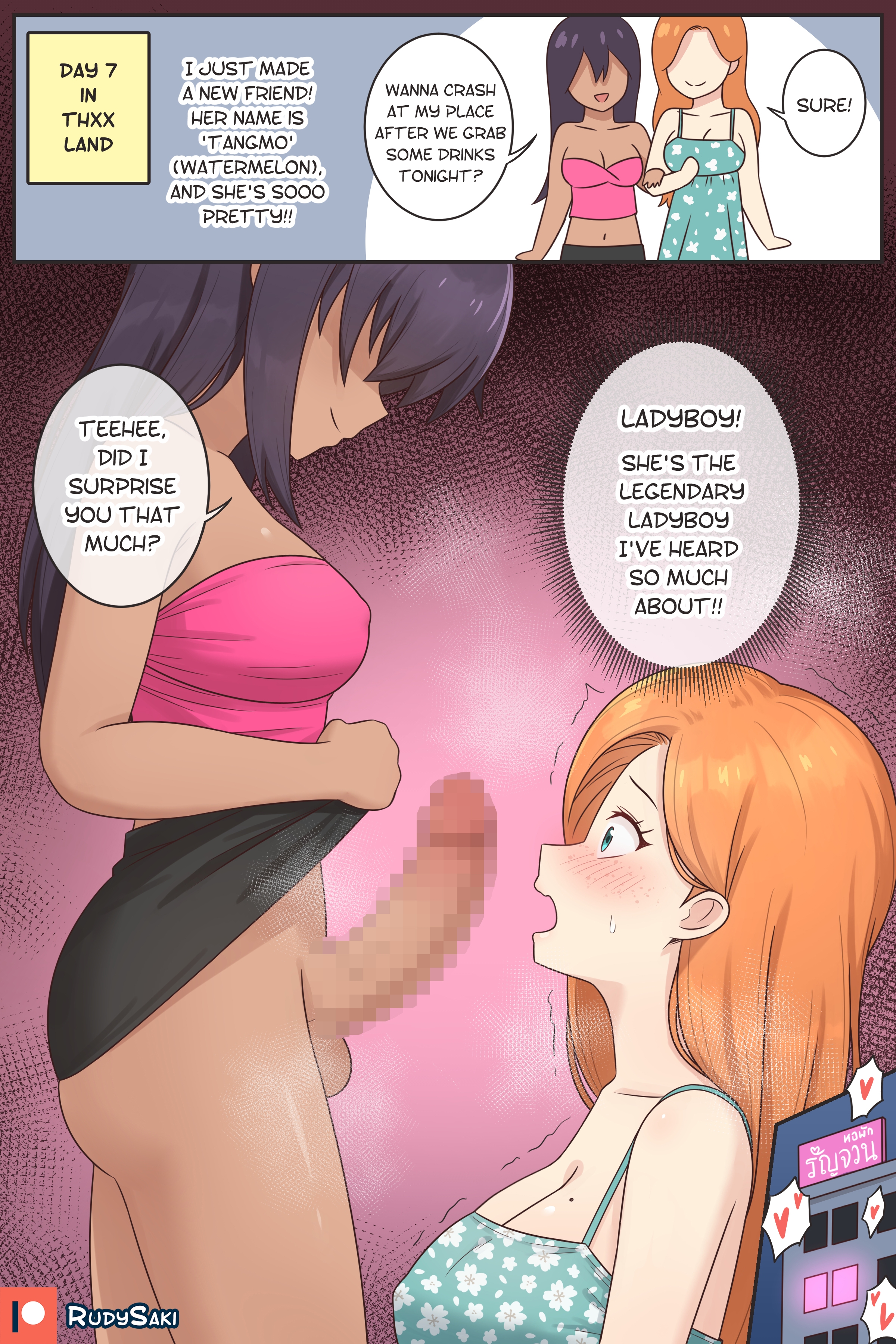beauty mark, big breasts, breasts, censored, censored penis, cleavage, comic, crop top, dark skin, female, futa on female, futanari, ginger hair, highres, intersex, male, mole, mtf crossgender, mtf transformation, original, original character, penis, penis awe, red hair, rudy saki, rule 63, sex change, tank top, text, thai, thai female, timeline, trans woman, transfem, transformation