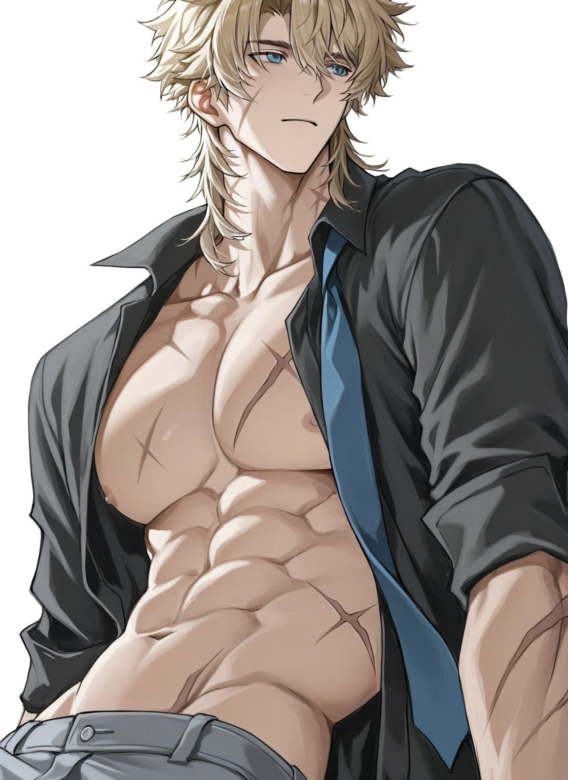 1boy, 1male, abs, adams apple, ai generated, beautiful male, belly button, big nipples, big pecs, blonde hair, blonde-haired male, blue eyes, breasts, clothed, cute expression, cute male, daddy, defined abs, defined muscles, delicious, dilf, fluffy hair, genshin impact, handsome, handsome man, jawline, juicy lips, kissable lips, light-skinned male, looking away, majestic, male, male focus, male only, man boobs, man breasts, muscles, muscular, muscular arms, muscular male, neck, neck bulge, open shirt, pants on, rolled up sleeves, scarred, scars, scars all over, scars on arms, scars on body, scars on chest, scars on neck, sexy, sexy body, sexy pose, short-haired male, slutty waist, small waist, tall male, thick arms, varka (genshin impact), white background, white skinned male, yummy