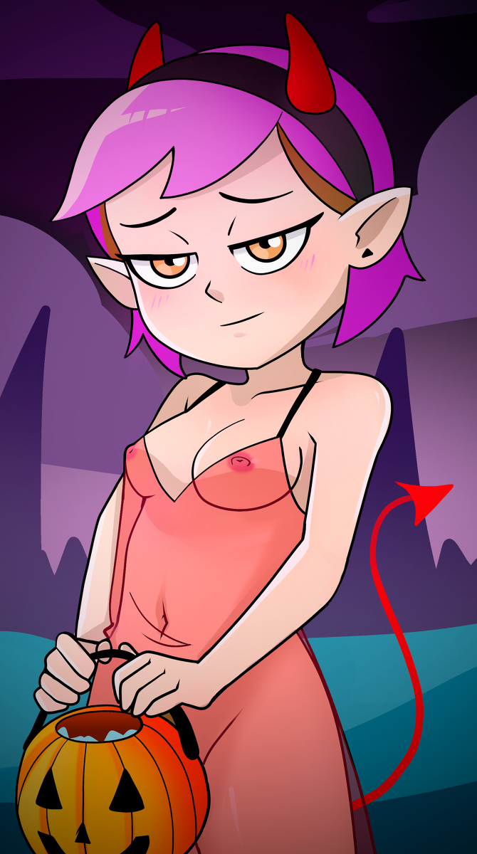 1girls, amity blight, breasts, disney, female, female only, lee tape, light skin, light-skinned female, no watermark, pointy ears, purple hair, solo, solo female, sun, the owl house, witch, yellow eyes