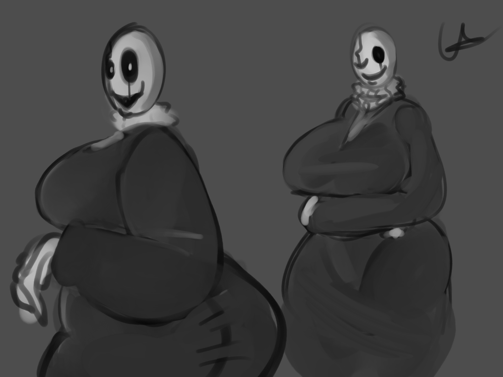 2d, 2d (artwork), ashclone, big ass, big breasts, black dress, breasts, deltarune, fem gaster, female, gaster, grey background, looking at viewer, monochrome, rule 63, simple background, thick ass, thick thighs, turtleneck, undertale, undertale (series)