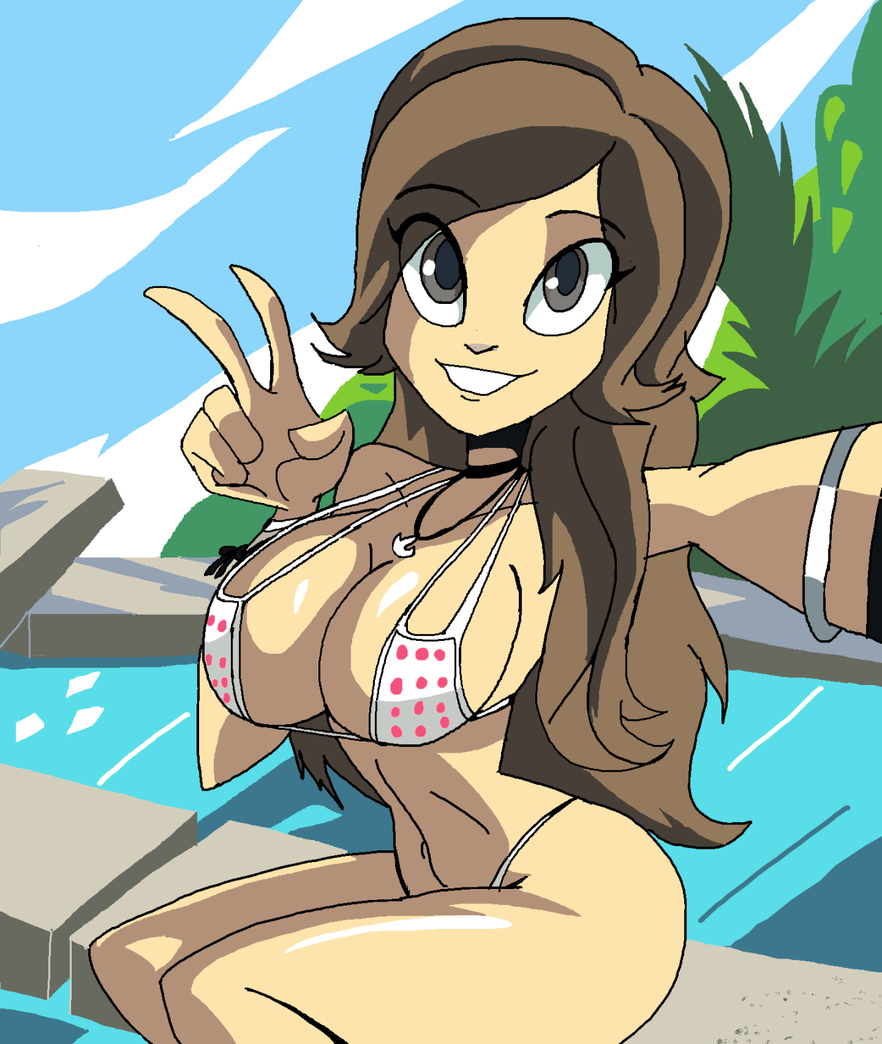 1girls, bare shoulders, big breasts, bikini, bikini bottom, bikini top, black eyes, bracelet, breasts, brown hair, busty, cleavage, curvy, day, detailed background, female, female only, front view, gesture, hourglass figure, human, long hair, looking at viewer, manic47, midriff, necklace, open mouth, original character, outdoors, outside, pool, pose, posing, shadow, shiny, shiny skin, sitting, solo, swimsuit, tree, v, voluptuous, water, wide hips