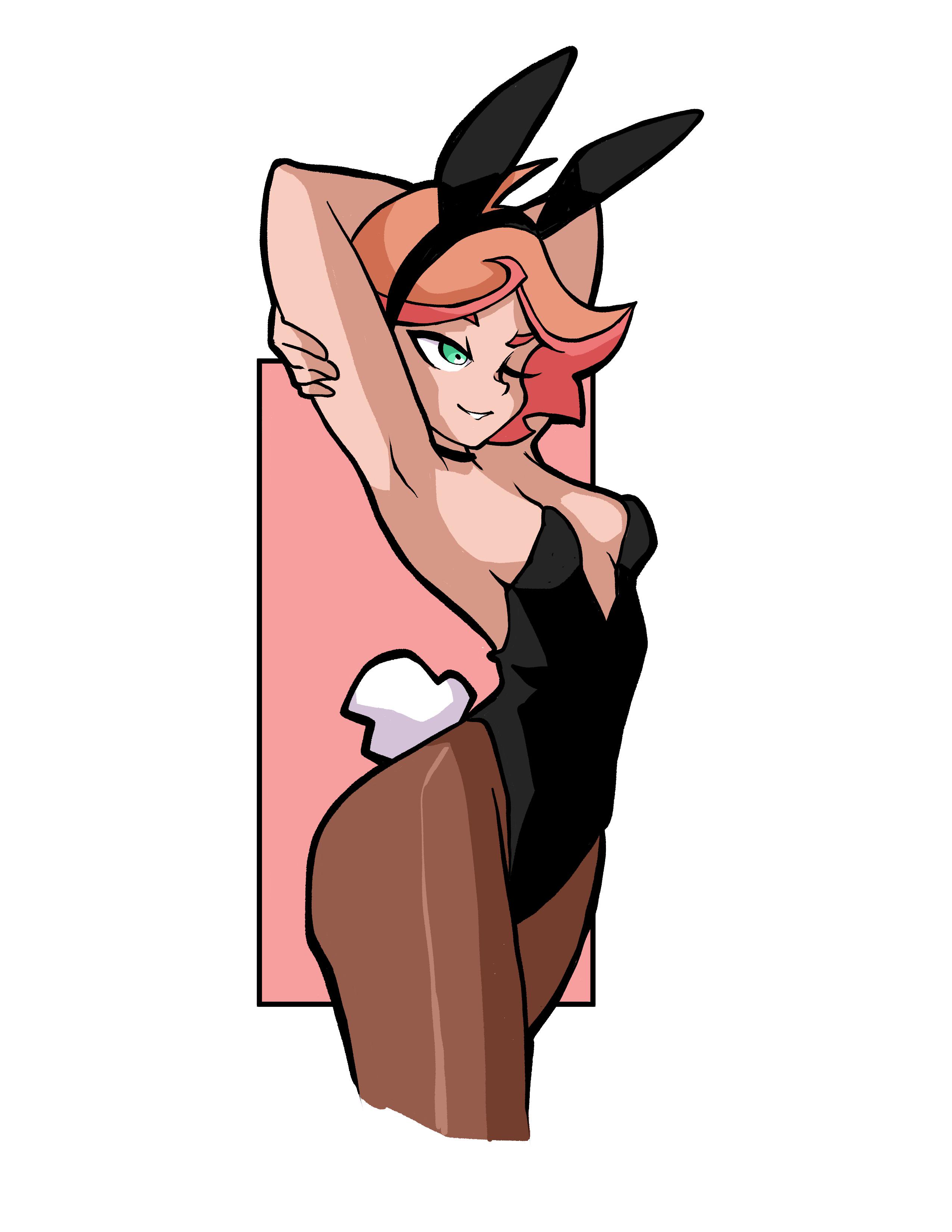 1girls, amanda o'neill, armpits, arms up, breasts, bunny ears, bunnysuit, curvy figure, female, female only, green eyes, little witch academia, orange hair, secretficjunkie, thighs, tomboy, two-tone hair
