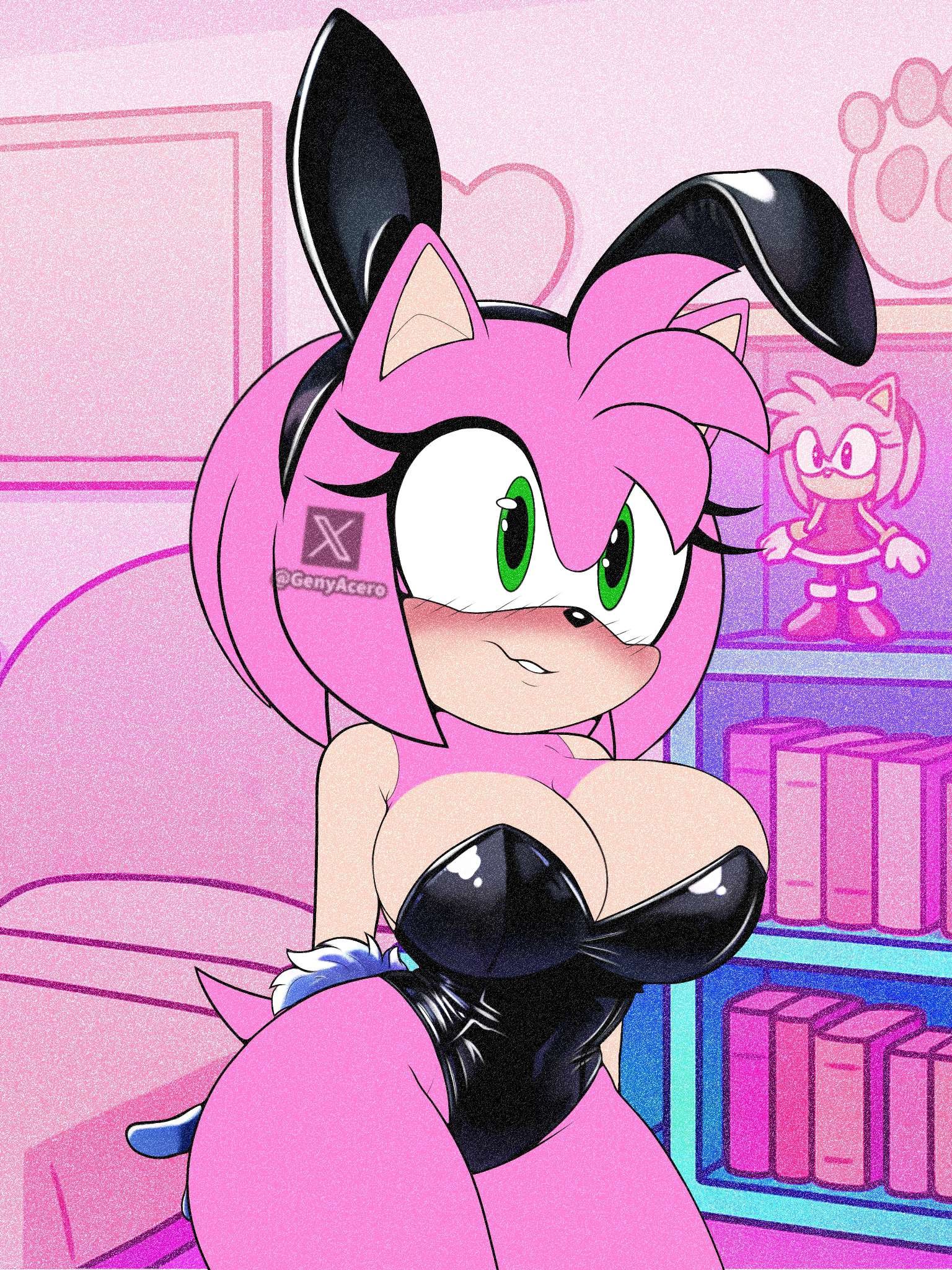 1girls, amy rose, bedroom, big breasts, blush, breasts, bunny ears, bunnysuit, excited, female, genyacero, gloves, leotard, sonic (series), sonic the hedgehog (series), tight clothing