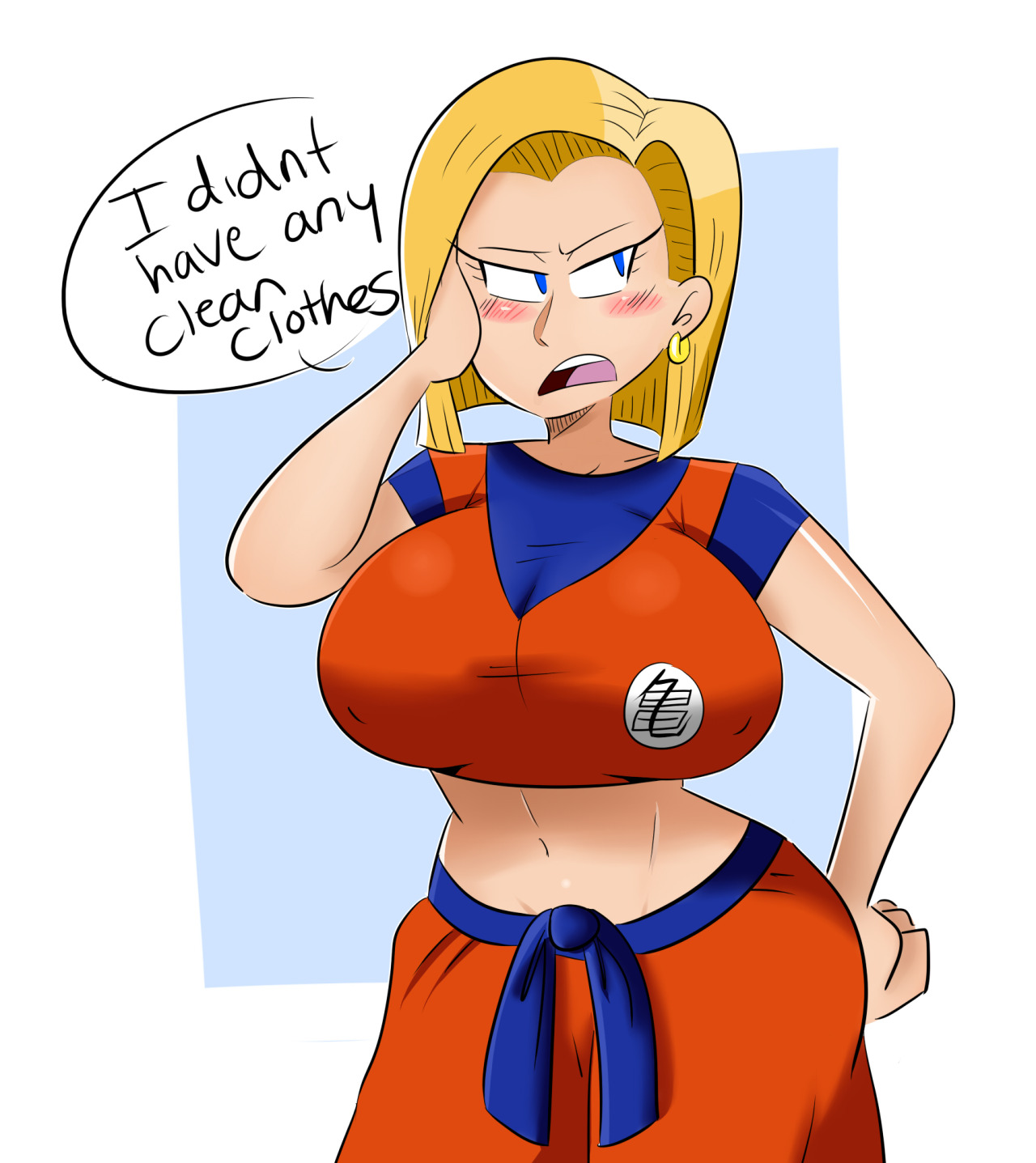 1girls, android 18, big breasts, blonde hair, blue eyes, breasts, dragon ball, female, female only, fully clothed, jinu, large breasts, solo, thick, thick thighs, voluptuous, wide hips