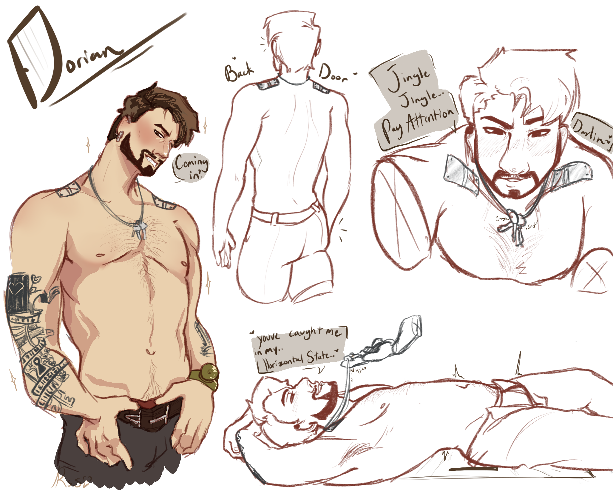 back view, body hair, bulge, date everything, dorian (date everything), facial hair, happy trail, necklace, ratsnacksketchies, shirtless, tasteful, tattooed arm, tattoos, tease, teasing viewer
