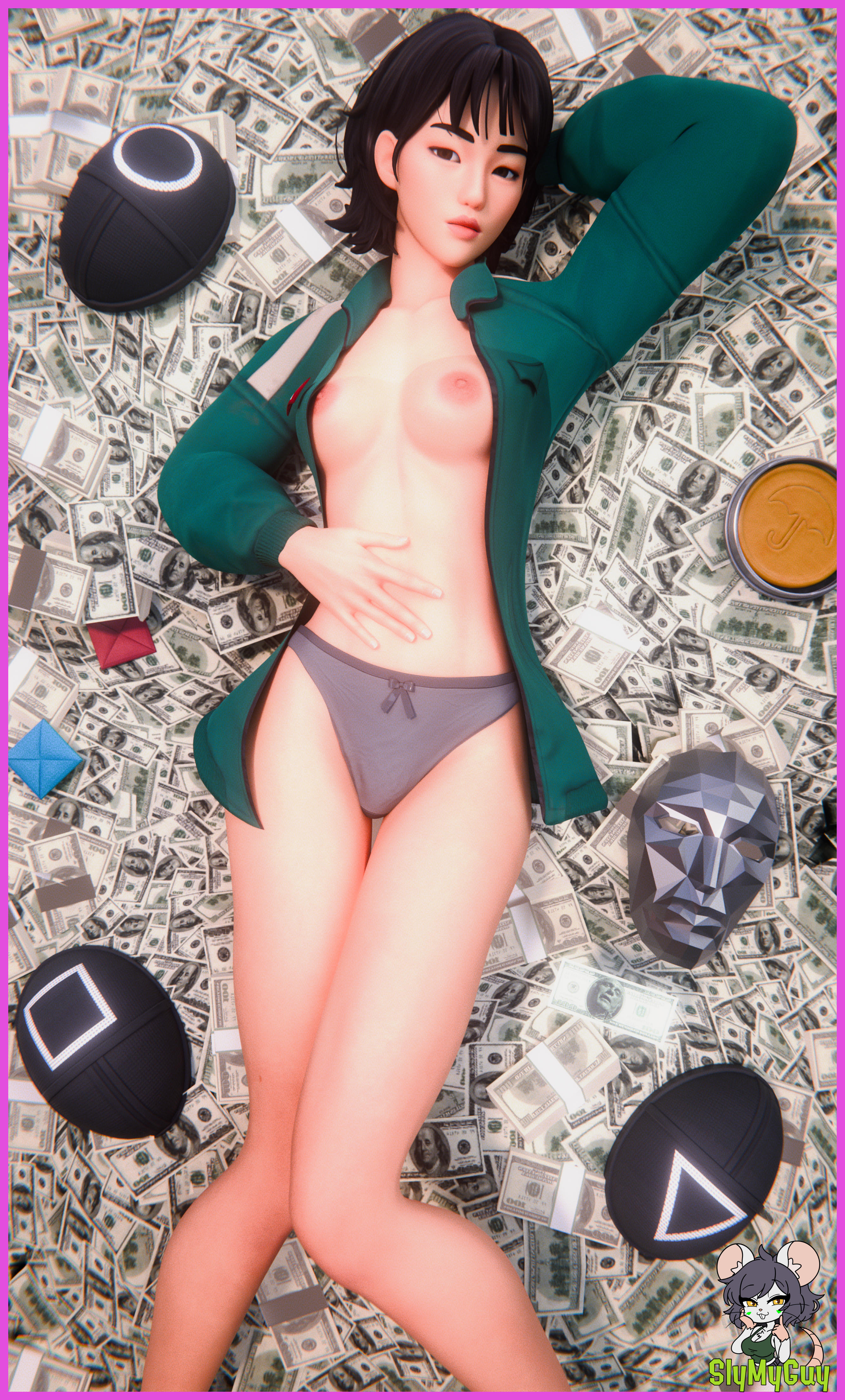 1girls, female, female only, fortnite, glass bridge survivor (fortnite), kang sae-byeok, laying down, money, panties, slymyguy, solo, solo female, squid game, tagme