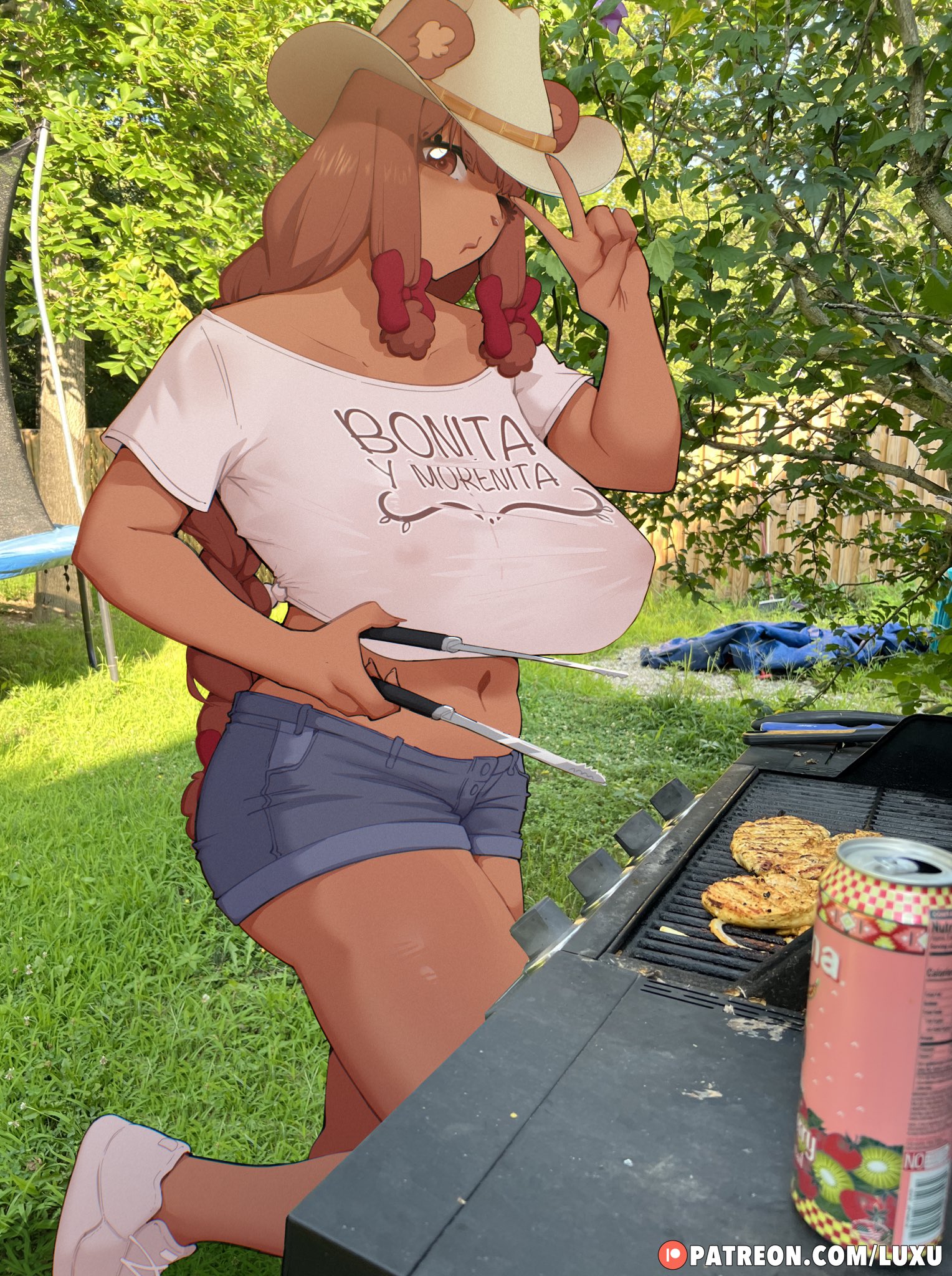 1girls, anthro, barbecue, bear, bear girl, beau (luxurias), big breasts, breasts, brown body, brown eyes, brown hair, detailed background, female, hair ribbon, hi res, huge breasts, jean shorts, long hair, looking at viewer, luxurias, nipples, real background, short shorts, sidelocks, t-shirt, text, thick thighs, v sign, wink, winking at viewer