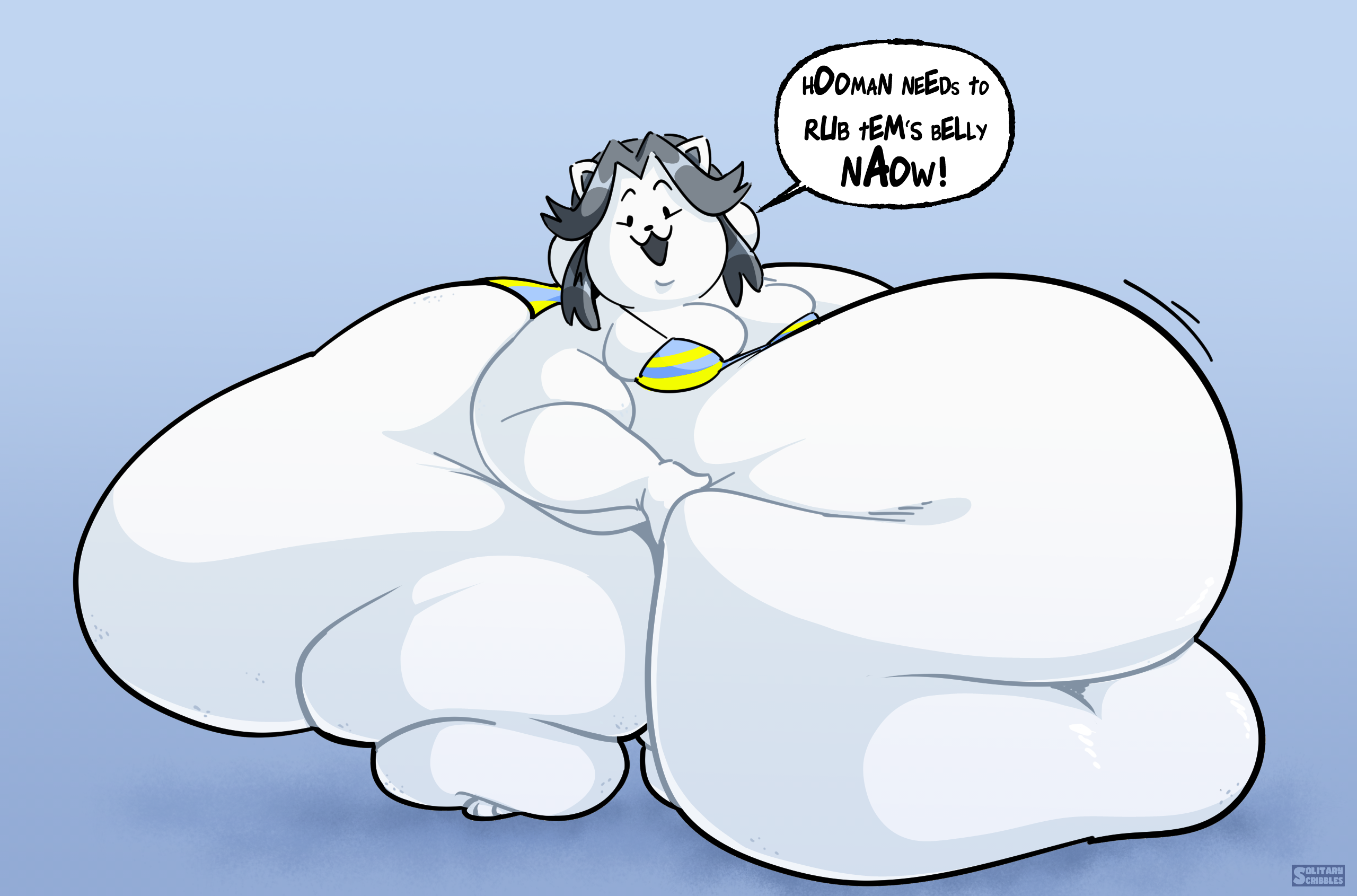1girls, anthro, ass, belly, belly on ground, belly overhang, bikini, breasts, cleavage, colossal ass, english text, fat, fat belly, fat female, female, female focus, female only, furry, grabbing belly, grey hair, hips, hyper, hyper ass, large ass, large breasts, obese, obese female, overweight, overweight female, solitaryscribbles, stomach, striped bikini, temmie (undertale), text, thick thighs, thighs, undertale, undertale (series), weight gain, white body, white fur, wide hips