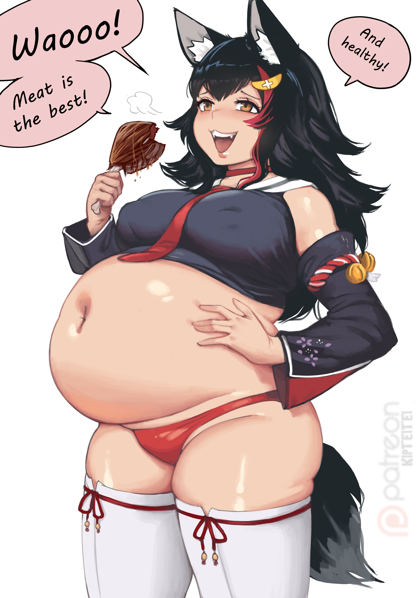 1girls, anthro, anthro only, bbw, belly overhang, big belly, big female, blush, chubby, chubby female, embarrassed, fat, fat female, fat fetish, fat woman, fatty, female, female only, hand on belly, hololive, kipteitei, large female, light skin, light-skinned female, meat, obese, obese female, ookami mio, overweight, overweight female, plump, red panties, solo, solo female, speech bubble, stuffed belly, thick thighs, tubby, virtual youtuber, vtuber, weight gain, weight gain female, white sclera