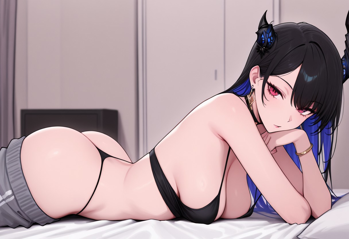 1girls, 2025, ai generated, alternate version available, ass, bed, bed sheet, bedroom, big breasts, black g-string, black hair, black thong, breasts, civitai, female, fubukai, g-string, grey pants, hololive, hololive english, hololive english -advent-, horns, indoors, jewelry, looking at viewer, lying, nerissa ravencroft, pants, pink eyes, solo, thick thighs, thighs, thong, virtual youtuber