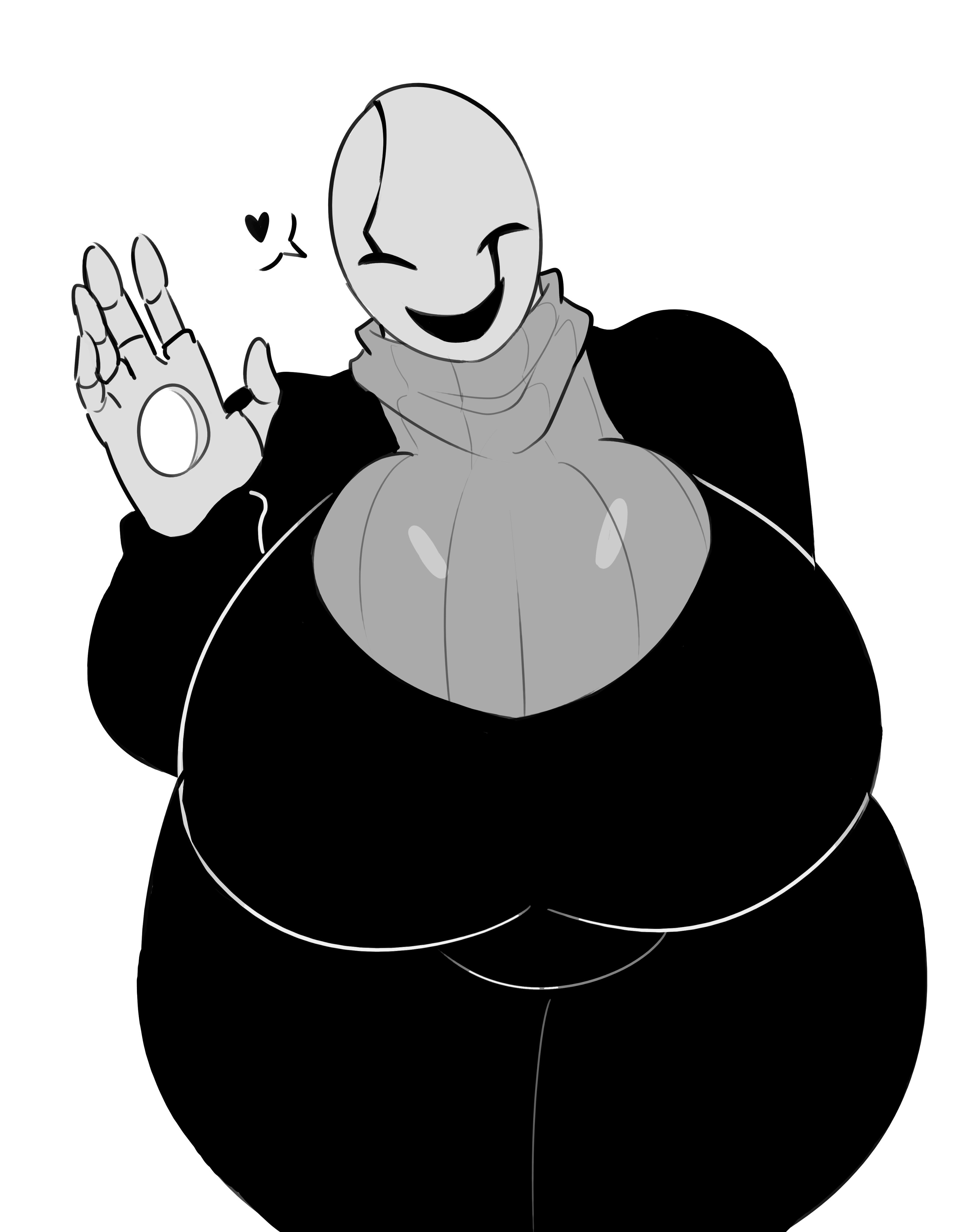 big breasts, breast focus, breasts, breasts bigger than head, breasts focus, deltarune, fem gaster, female, gaster, genderswap, huge breasts, rule 63, samirachuni, simple background, smirking at viewer, undertale, undertale (series), white background