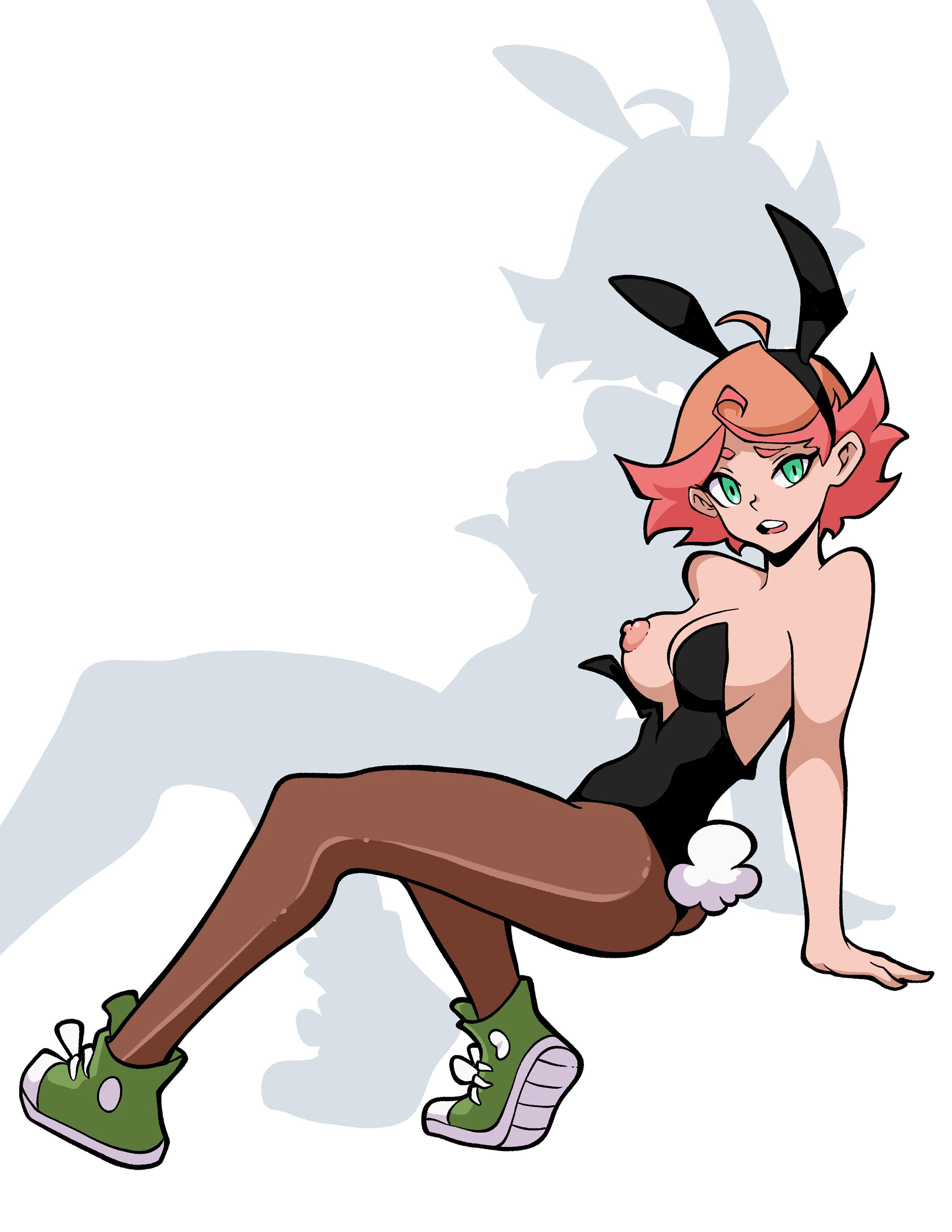 1girls, amanda o'neill, areolae, big breasts, breasts, bunny ears, bunnysuit, curvy figure, exposed breasts, female, female only, green eyes, little witch academia, nipple slip, orange hair, secretficjunkie, thighs, tomboy, two-tone hair