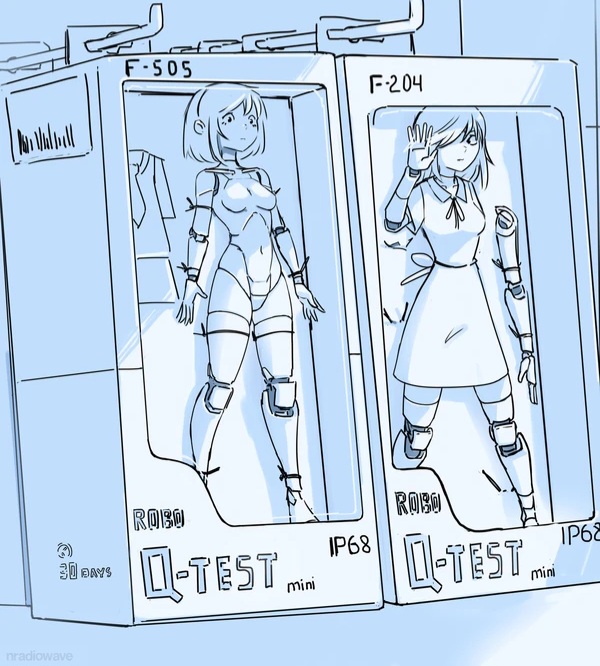 2d, average breasts, box, breasts, detachable arms, detachable limbs, detachable parts, dress, female, micro female, nradiowave, robot, robot girl, tagme