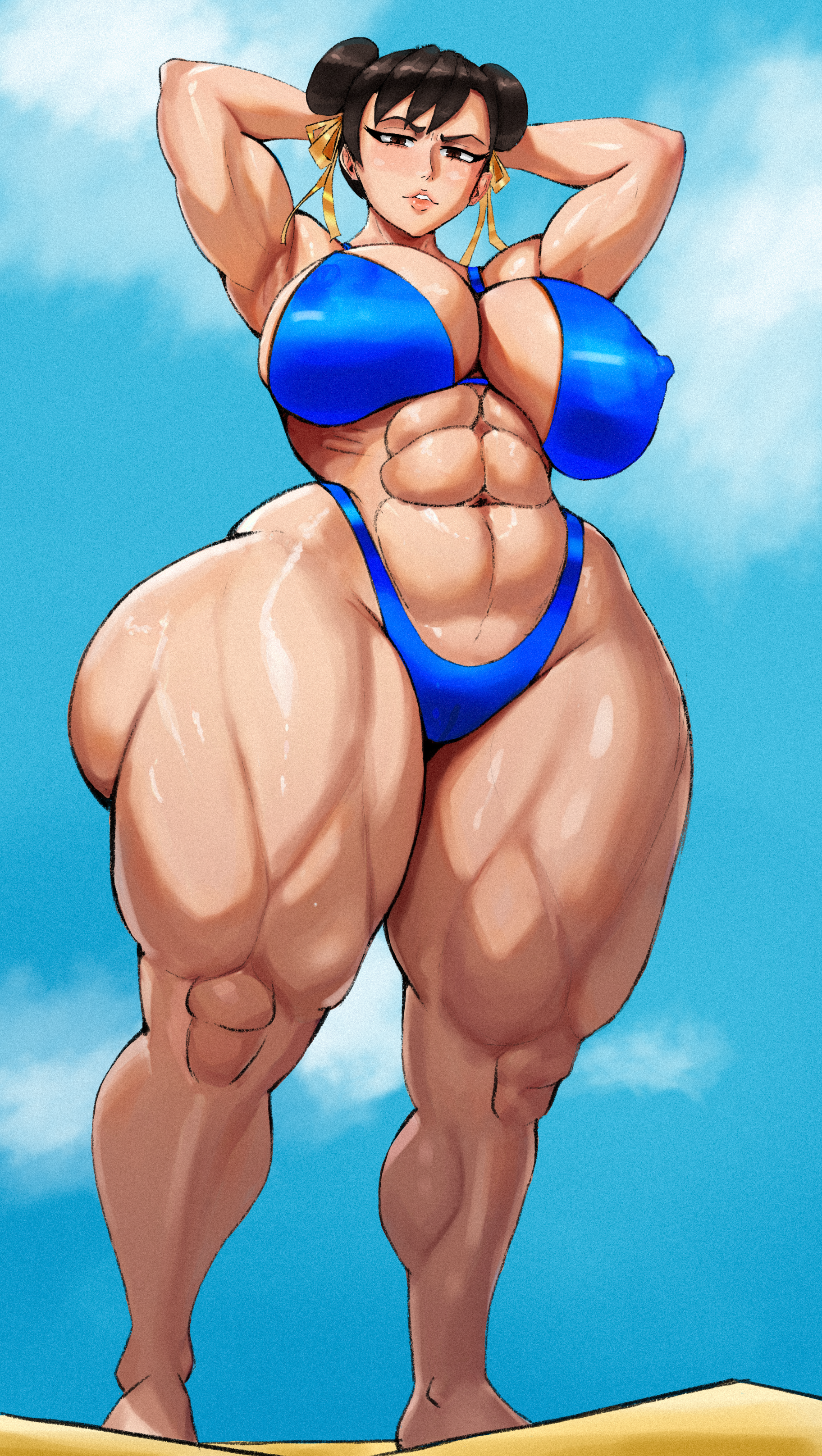 beach, breasts, chun-li, female, female only, huge ass, huge breasts, jubaby, looking at viewer, muscular, muscular female, street fighter, tagme, thick thighs, thighs, thunder thighs