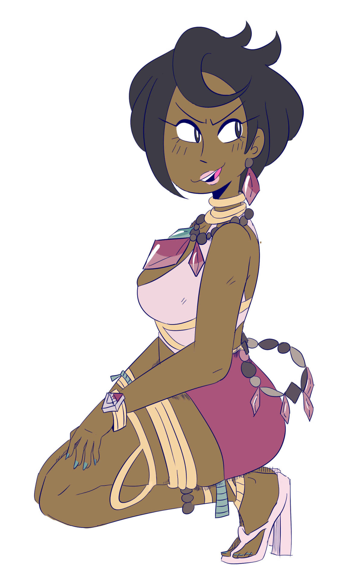 1girls, alternate eye color, alternate hair color, ass, bare shoulders, black eyes, black hair, bracelet, breasts, clothed, dark skin, dark-skinned female, earrings, elite four, eyelashes, feet, female, female only, high heels, huge ass, huge breasts, human, jinu, lipstick, looking away, looking back, nail polish, necklace, nintendo, olivia (pokemon), pokemon, pokemon sm, shirt, short hair, shorts, smile, squatting, thick, thick thighs, toes, tongue, voluptuous, white background, wide hips