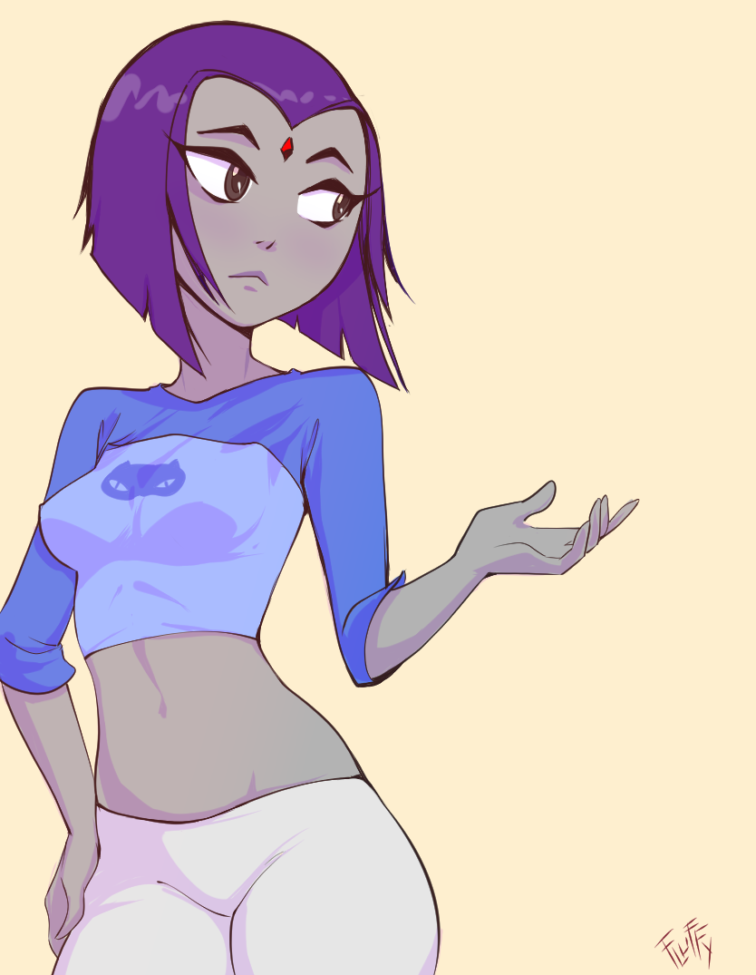 1girls breasts casual cosplay dc dc_comics female female_only fluffy_(artist) grey_skin groin leggings medium_breasts midriff navel purple_eyes purple_hair rachel_roth raven_(dc) shirt solo stomach teen_titans