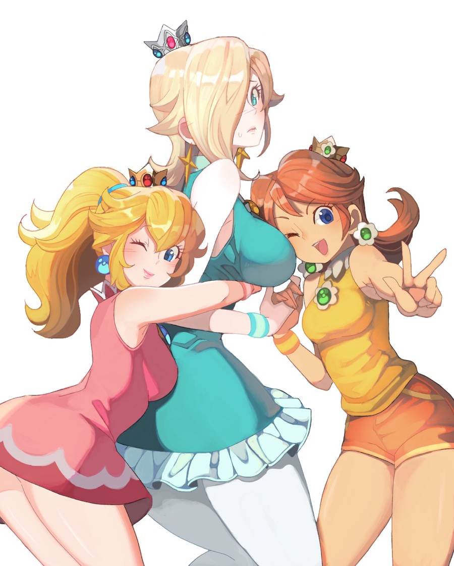 ;), ;d, :d, 3girls, alternate breast size (larger), alternate costume, bad id, bad pixiv id, bare legs, bare shoulders, blonde hair, blue eyes, blush, breasts, brooch, commentary request, crown, dress, earrings, flipped hair, frilled dress, frills, girl sandwich, hair over one eye, holding hands, hoshikuzu pan, hug, hug from behind, jewelry, large breasts, lips, looking at viewer, mario (series), mario tennis, mario tennis aces, mario tennis: ultra smash, medium breasts, mini crown, multiple girls, nintendo, official alternate costume, one eye closed, open mouth, pantyhose, partial commentary, ponytail, princess, princess daisy, princess daisy (sports shorts), princess peach, princess peach (sports dress), princess rosalina, rosalina (sports), sandwiched, short dress, short shorts, shorts, simple background, sleeveless, sleeveless dress, smile, super mario galaxy, thighs, w, white background, wristband, yuri