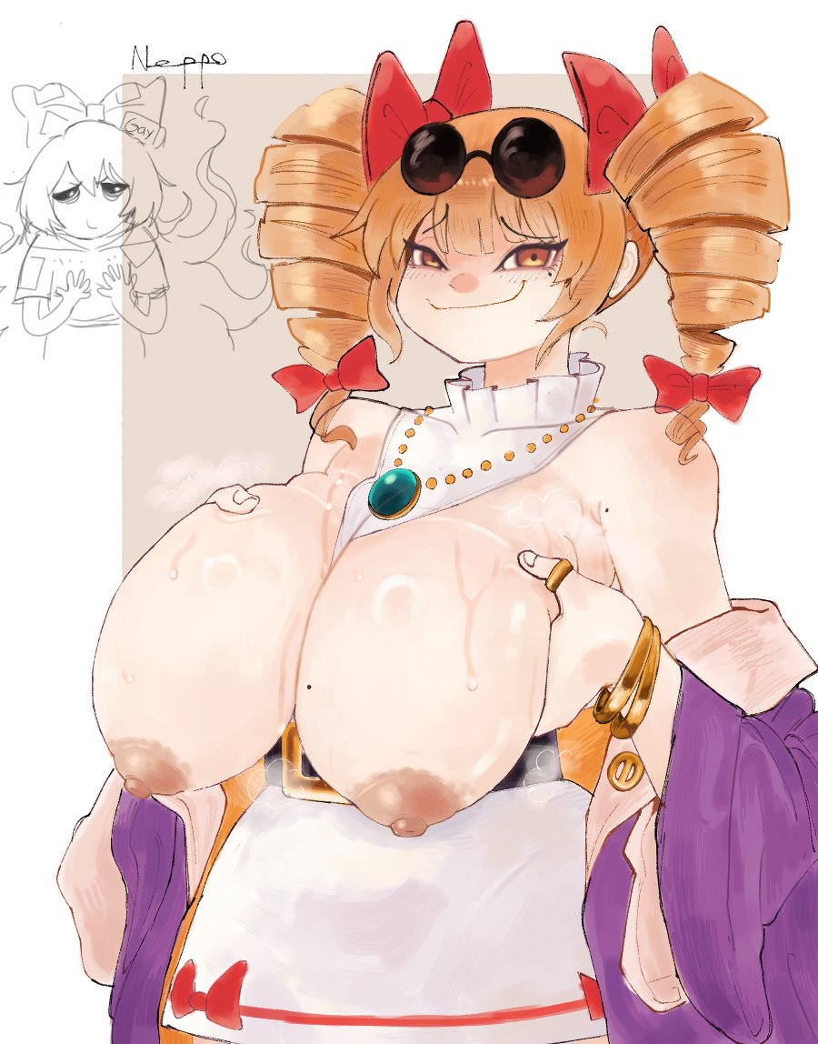 2girls, bow, breasts, closed mouth, coat, dark areolae, dark nipples, dress, drill hair, exhausted, eyewear on head, female, gem, gold ring, hairbow, hanging breasts, holding, holding own breasts, jewelry, jo'on yorigami, large bow, large breasts, long hair, medium hair, mole, mole on breast, mole under eye, multiple females, multiple girls, necklace, nipples, orange eyes, orange hair, pepponeppo, purple dress, red bow, ring, shion yorigami, signature, simple background, sketch, skirt, sleepy, smug, steam, sweat, touhou, white dress, white skirt, yorigami jo'on, yorigami shion