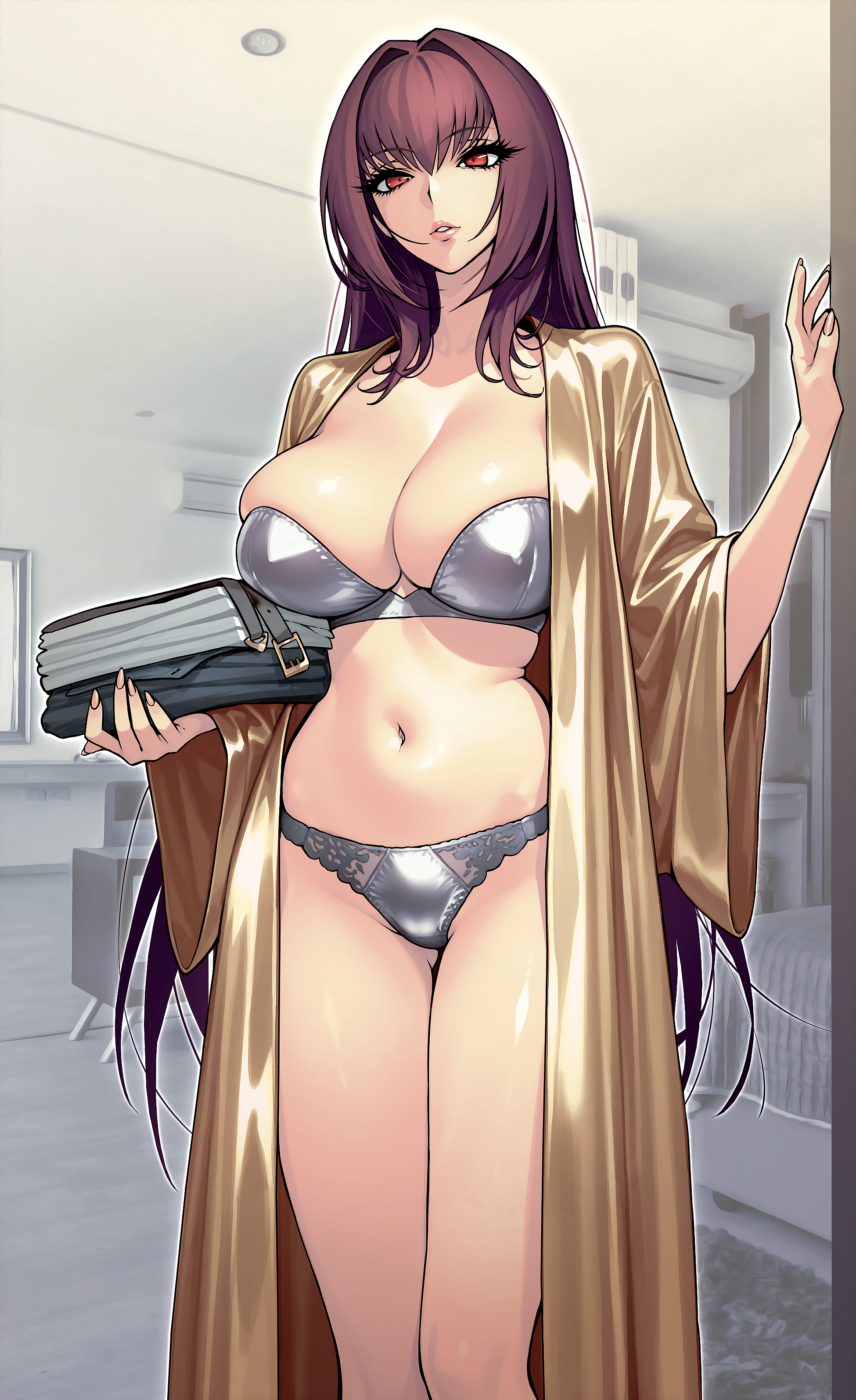 1girls, big breasts, breasts, dynamitenatalia, fate (series), fate/grand order, female, female only, highres, hourglass figure, huge breasts, large breasts, light-skinned female, lingerie, mature female, navel, paid reward available, purple hair, red eyes, rioliogiz, satin bra, satin panties, scathach (fate), seductive, slim waist, solo, tagme, thick thighs, wide hips
