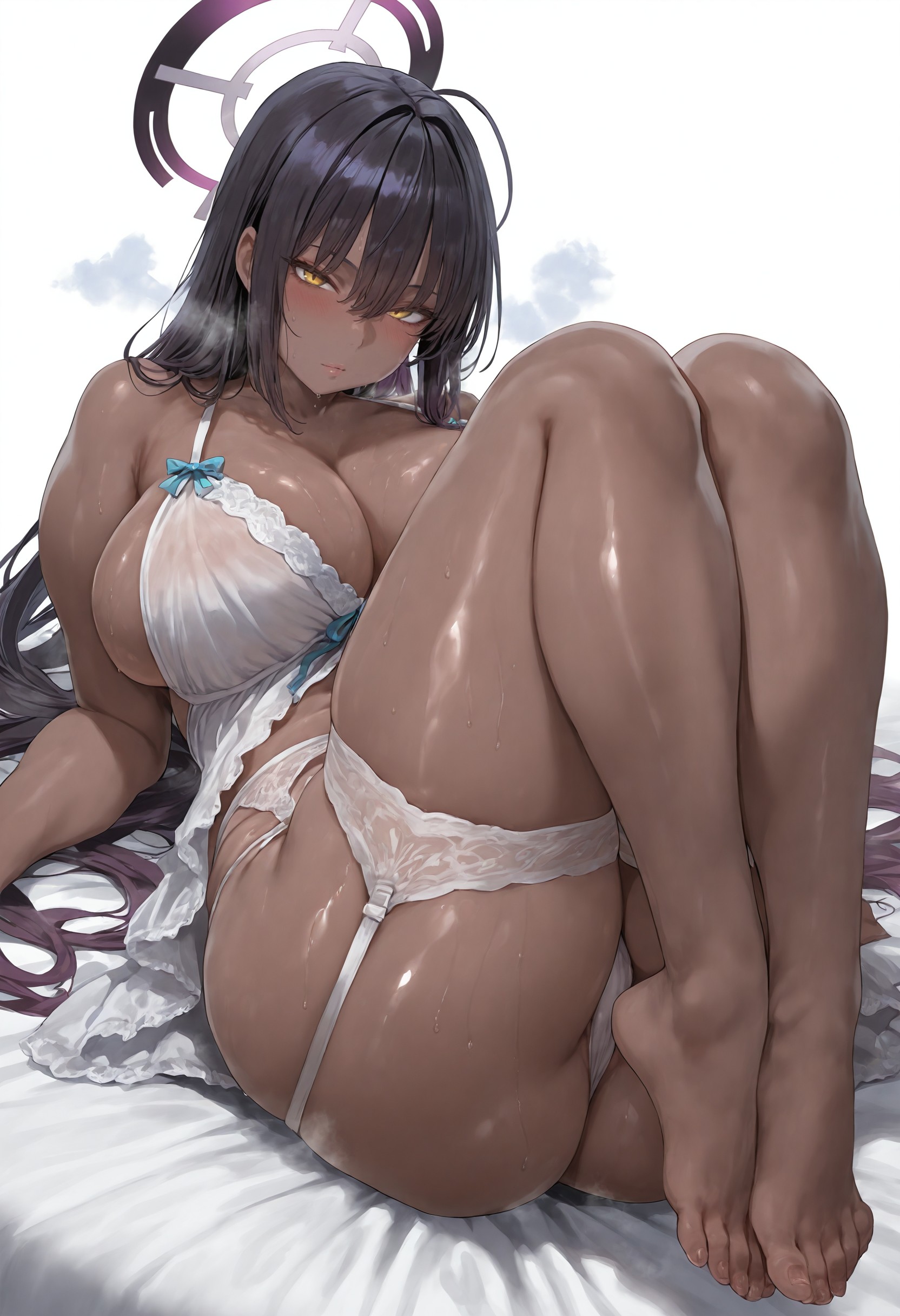 1girls, ahoge, ai generated, ass, black hair, blue archive, breasts, female, flyingpancake, halo, hi res, huge ass, huge breasts, karin (blue archive), large breasts, lingerie, long hair, naughty face, thick thighs