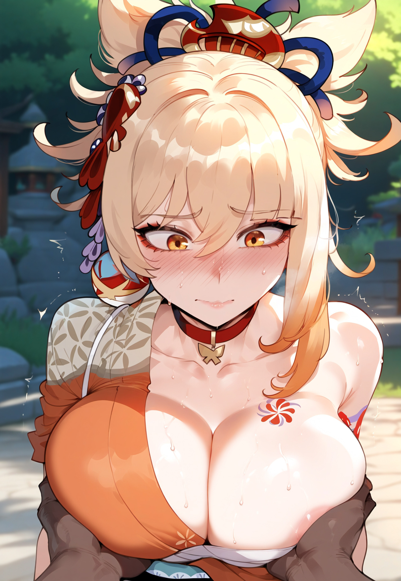 1boy, 1girls, ai generated, big breasts, breast grab, breasts, dark-skinned male, female, genshin impact, grabbing, grabbing breasts, huge breasts, interracial, large breasts, light-skinned female, male, miyuai, voluptuous, voluptuous female, yoimiya (genshin impact)