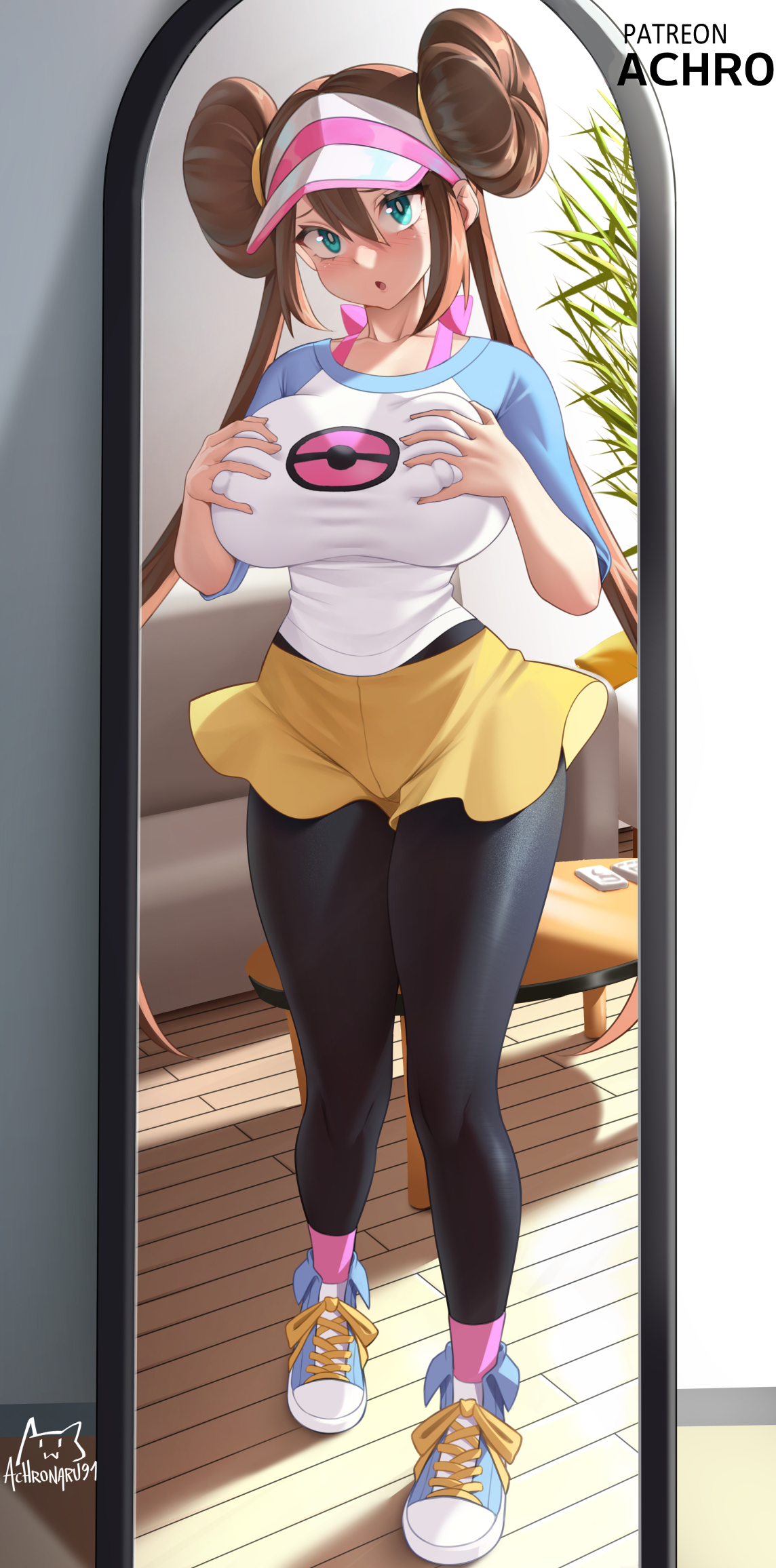 :o, achromaru, artist logo, black pantyhose, blue sleeves, blush, breasts, bright pupils, brown hair, coffee table, couch, covered erect nipples, deep skin, donut hair bun, double bun, female, full body, full-length mirror, furrowed brow, grabbing own breast, green eyes, hair between eyes, hair bun, highres, indoors, large breasts, logo, long hair, looking at mirror, looking at viewer, mirror, nintendo, paid reward available, pantyhose, pantyhose under shorts, parted lips, patreon logo, patreon username, plant, poke ball print, pokemon, pokemon bw2, raglan sleeves, reflection, reflection focus, rosa (pokemon), shirt, shoes, short shorts, shorts, sneakers, solo, standing, table, twintails, twitter username, very long hair, visor cap, white pupils, white shirt, wooden floor, yellow shorts