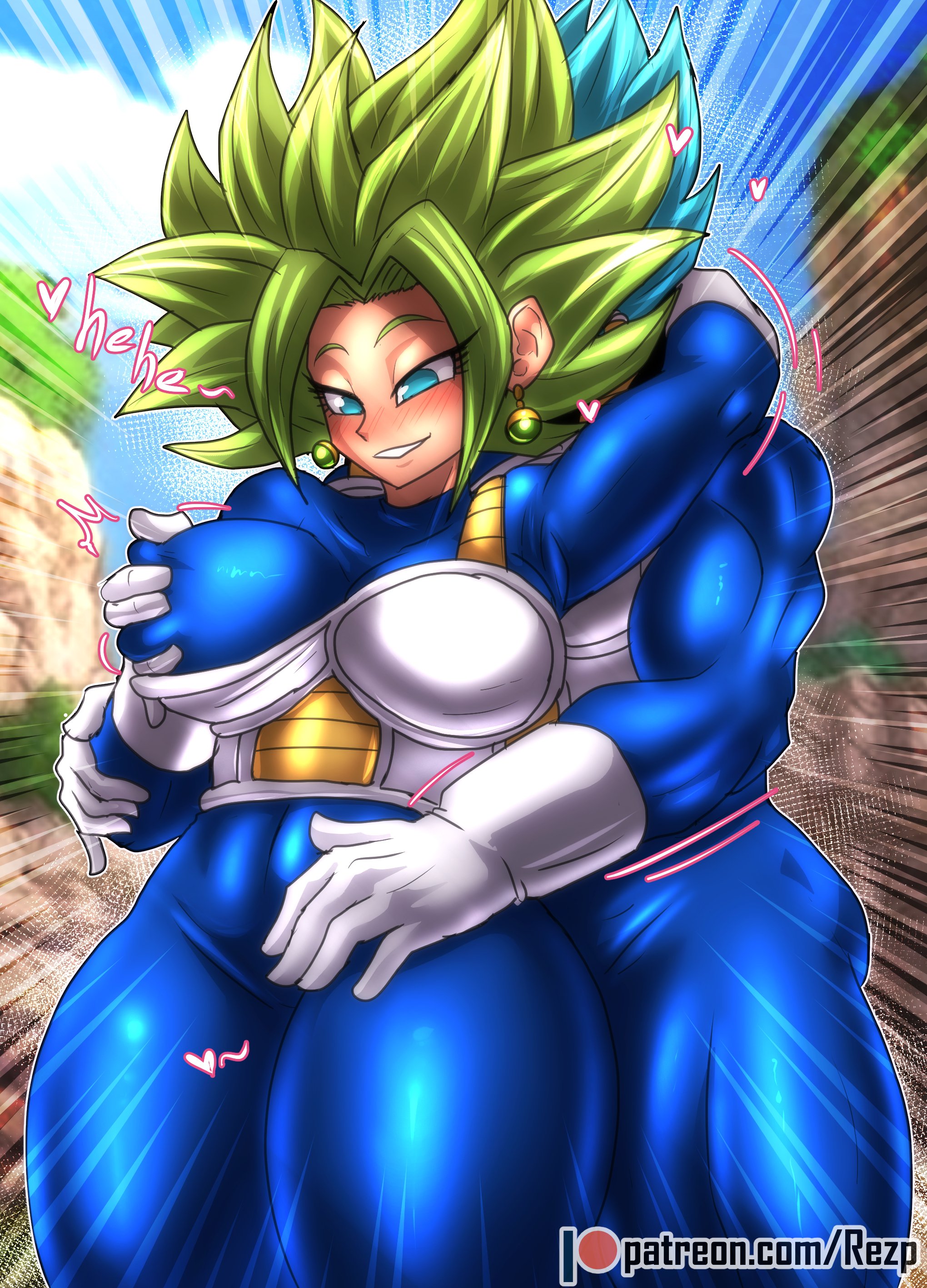 1boy, 1girls, 2d, big breasts, blue eyes, blue hair, blush, breasts, color, dragon ball, dragon ball super, dragon ball z, earrings, female, fingering, fingering through clothes, full color, green hair, groping breasts, groping from behind, heart, kefla, large breasts, legendary super saiyan, male, muscular, muscular male, nipple stimulation, nipple tweak, potara earrings, potara fusion, rezp, saiyan, smile, straight, super saiyan, super saiyan 2, super saiyan blue, thick thighs, through clothes, vegito