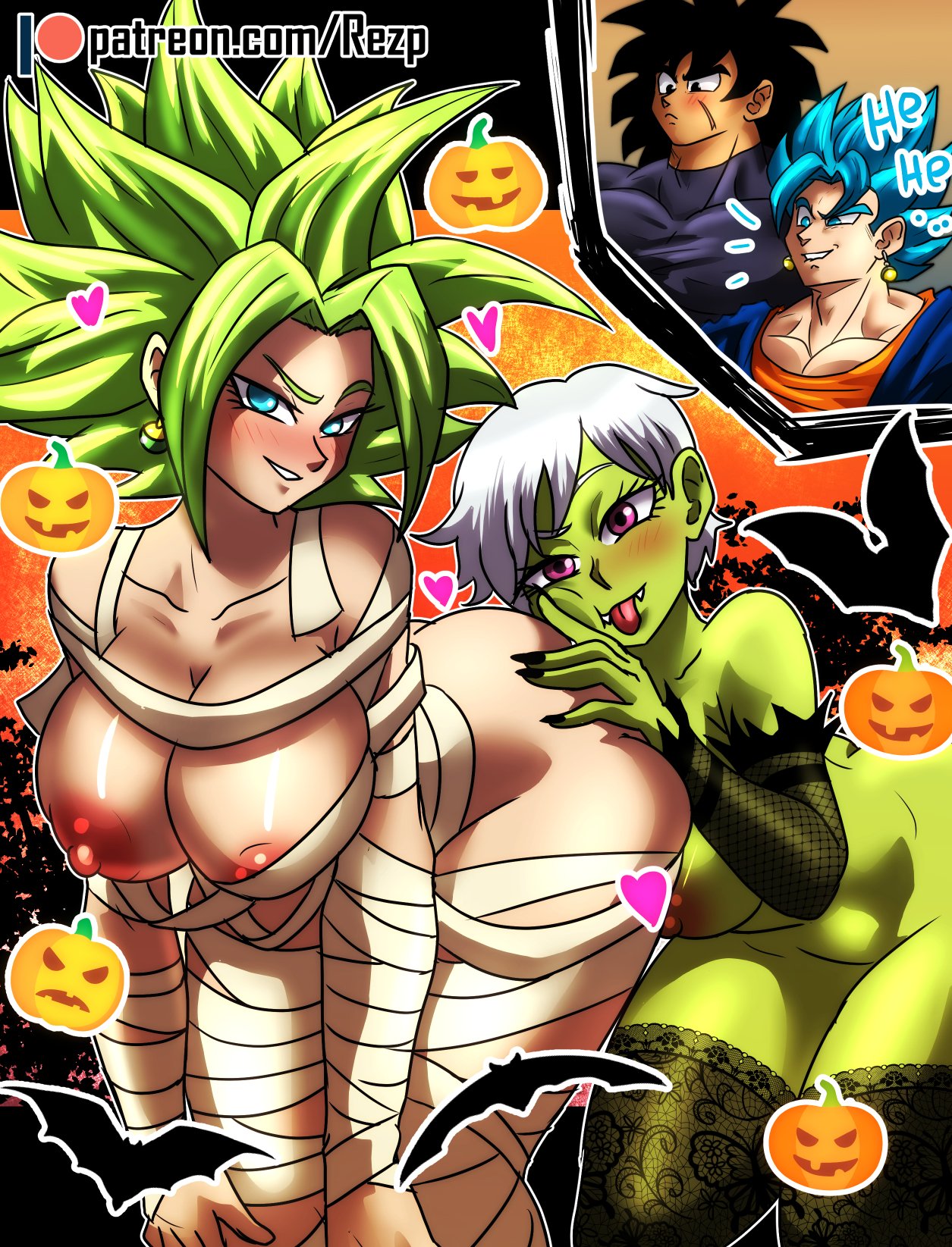 2boys, 2d, 2girls, ass, blue eyes, blue hair, blush, breasts, broly, broly (dragon ball super), cheelai, color, colored skin, dragon ball, dragon ball super, dragon ball super broly, dragon ball z, earrings, fangs, female, full color, fusion, green hair, green skin, green-skinned female, halloween, halloween costume, jewelry, kefla, large breasts, male, multiple boys, multiple females, multiple girls, multiple males, mummy costume, nipples, potara earrings, potara fusion, purple eyes, rezp, short hair, stockings, super saiyan, super saiyan blue, thick thighs, thighs, tongue, tongue out, vampire costume, vegito, white hair, wrappings