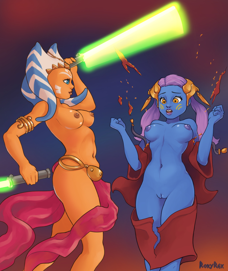 2d, 2girls, ahsoka tano, alien, alien girl, alien humanoid, areolae, assisted exposure, blue body, blue eyes, blue skin, blue-skinned female, breasts, clone wars, duo, exposed, exposed breasts, exposed nipples, exposed pussy, female, female only, forced exposure, from behind, green lightsaber, holding object, holding sword, holding weapon, humanoid, interspecies, lightsaber, loincloth, melee weapon, metal bikini, multiple females, multiple girls, nipples, open mouth, orange body, orange skin, pantoran, purple hair, pussy, riyo chuchi, roxyrex, shaved pussy, shocked, signature, slave, slave bikini, star wars, sword, tearing clothes, togruta, torn, torn clothing, weapon, yellow eyes, yuri