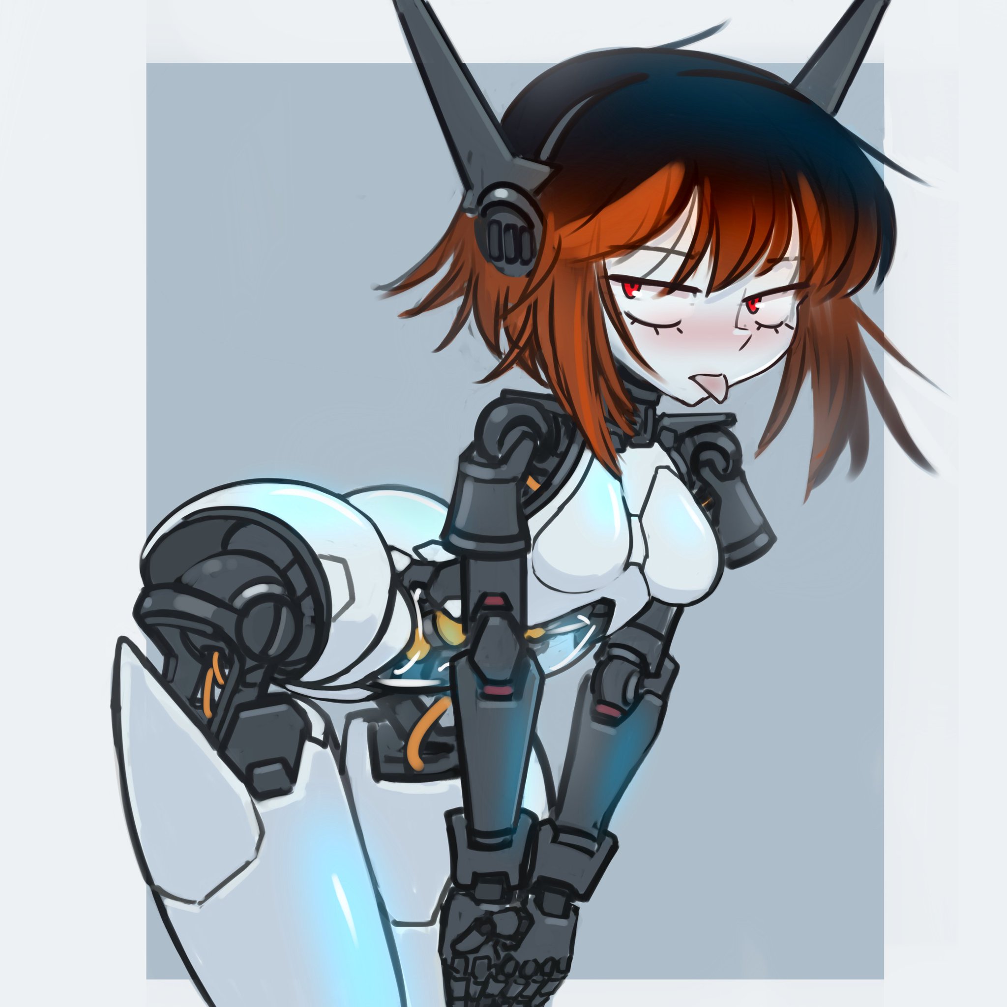 1girls, 2d, bent over, blush, breasts, female, female only, medium breasts, nradiowave, red eyes, red hair, robot, robot girl, robot joints, solo female, tagme, wide hips