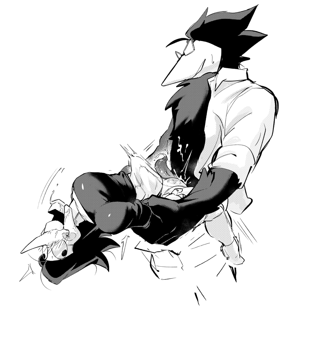 2boys, ambiguous penetration, belly bulge, blush, clothed, clothed sex, deltarune, female, gay, male, male only, monochrome, penis, pussy, pussy juice, size difference, smaller male, spamton g spamton, swatch (deltarune), tentacle, tentacle penis, yaoi