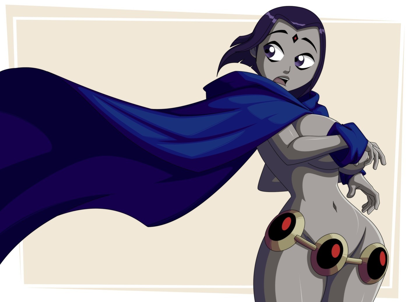 1girls, big breasts, breasts, cape, cartoon network, convenient censoring, covered nipples, covering self, dc, dc comics, enf, female, female only, functionally nude, huge breasts, nude, nude female, rachel roth, raven (dc), ravenravenraven, smooth skin, solo, tagme, teen titans, thick thighs, thin waist, toonami, white background, wide hips, wind, yellow background