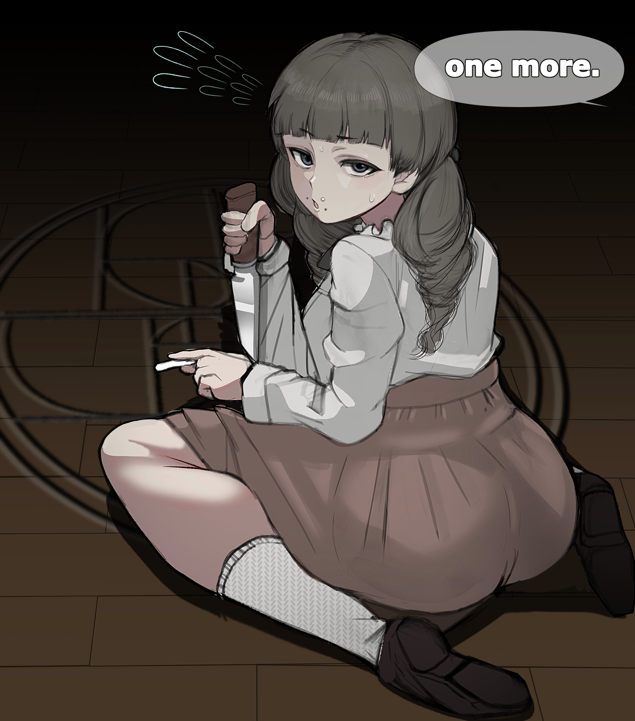 big ass, blunt bangs, brown hair, dickgirl, dickgirl only, english text, fear and hunger, fear and hunger: termina, full body, fully clothed, huge ass, knife, lip piercing, long hair, looking at viewer, looking back, marina (fear and hunger), minami no uoza, monroe piercing, offscreen character, sitting, snakebite piercing, solo, sweat, twintails, wariza, weapon, wide hips