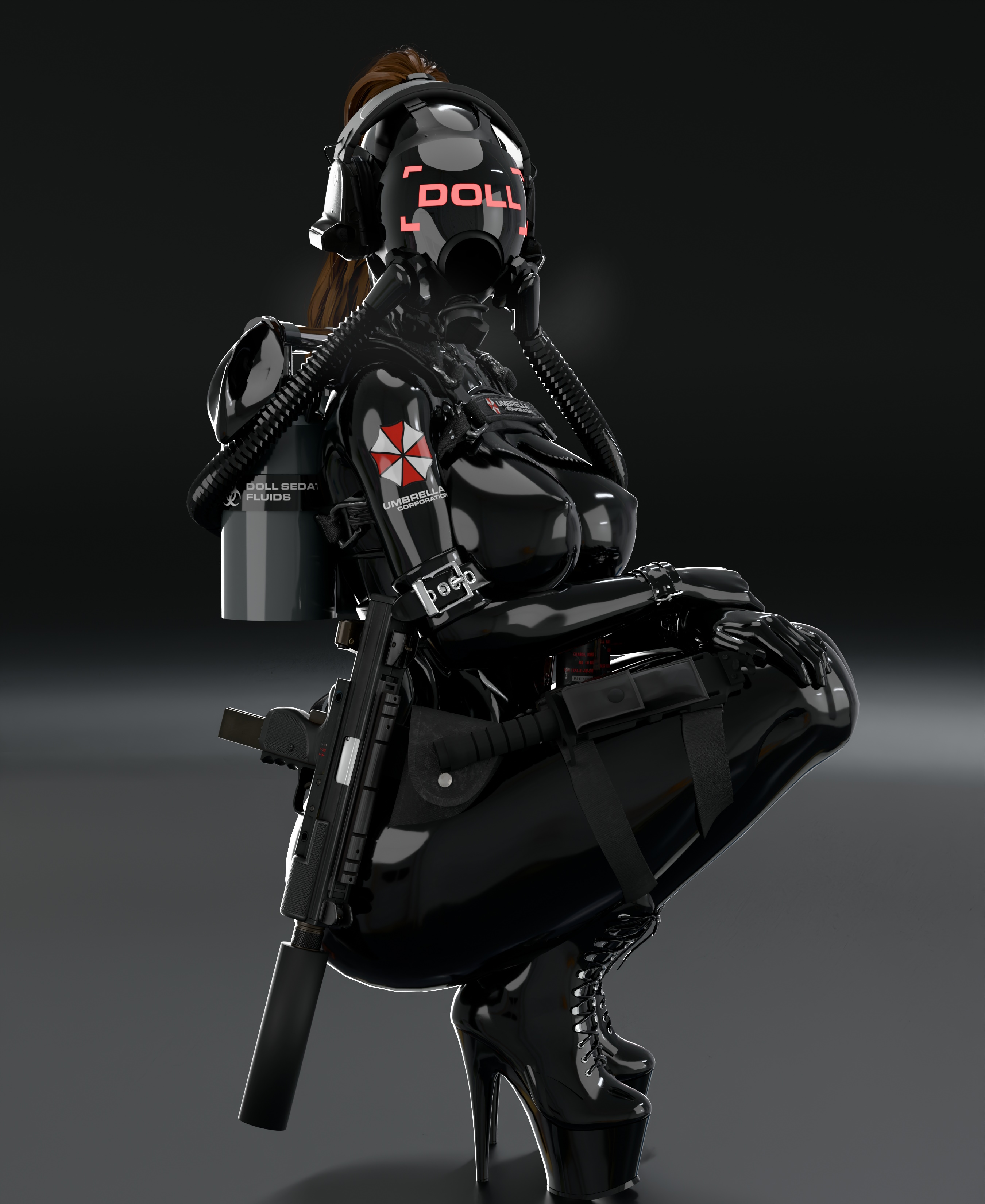 1girls, 3d, blender, breath, breath play, brown hair, clothed female, corset, cuff (restraint), drone, droneification, female, female only, fetish, gas mask, gun holster, headgear, headphones, hi res, high heel boots, high heels, high resolution, holster, knife, latex, latex clothing, latex hood, latex suit, life is strange, life is strange: double exposure, max caulfield, max caulfield (double exposure), mind control, neck corset, nipple bulge, platform heels, ponytail, resident evil, rubber, shiny clothes, skyebunny, solo, solo female, squatting, steam, submachine gun, suppressor, tactical gear, tight clothing, umbrella corporation