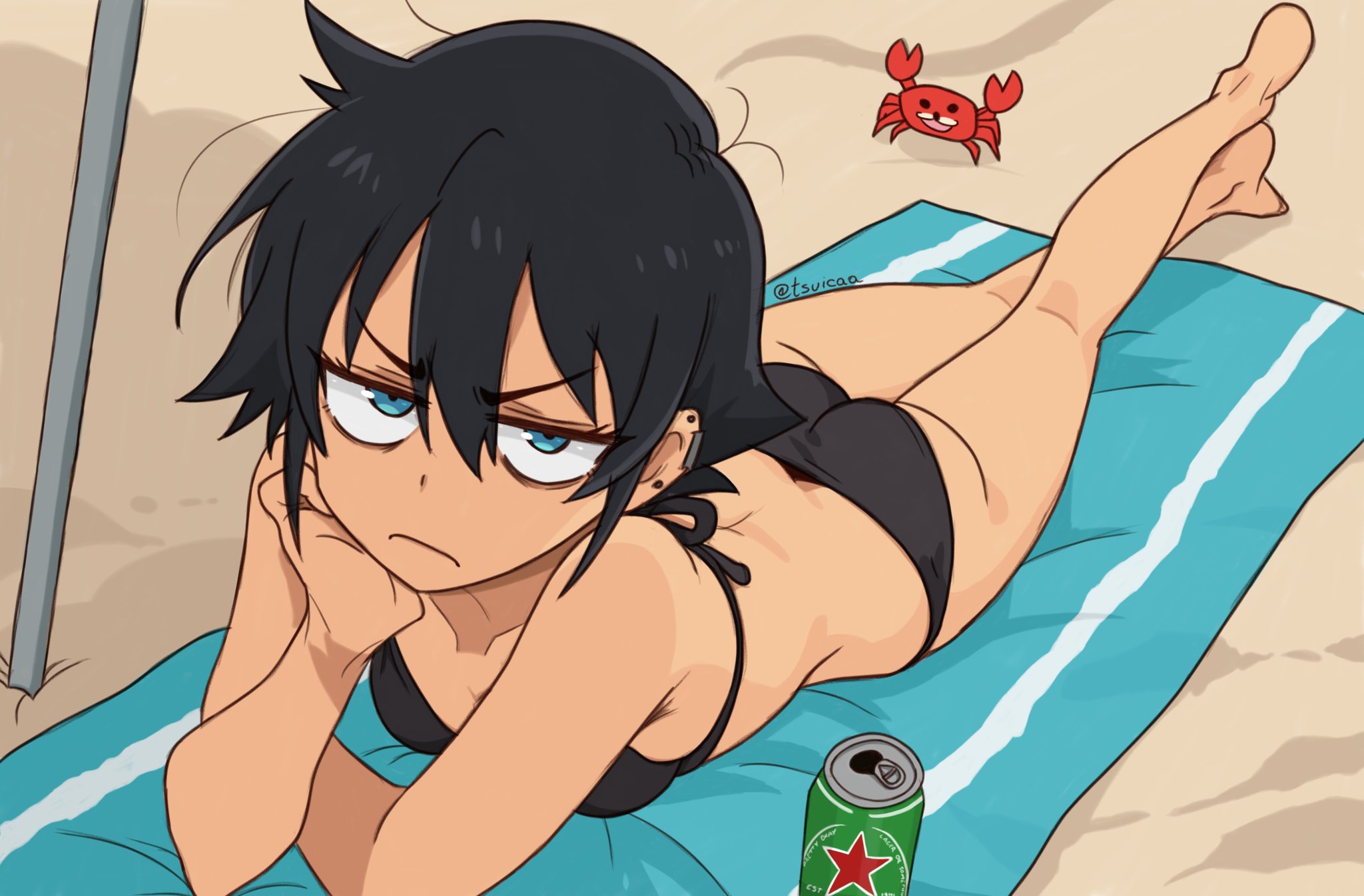 1girls, ass, ass in thong, beach, beach towel, beer, big ass, big breasts, big butt, big thighs, black hair, breasts, fat ass, female, female only, light-skinned female, mad, oc, on stomach, panties, revision, shirt, short hair, sitting, solo, tan-skinned female, tsuicaa