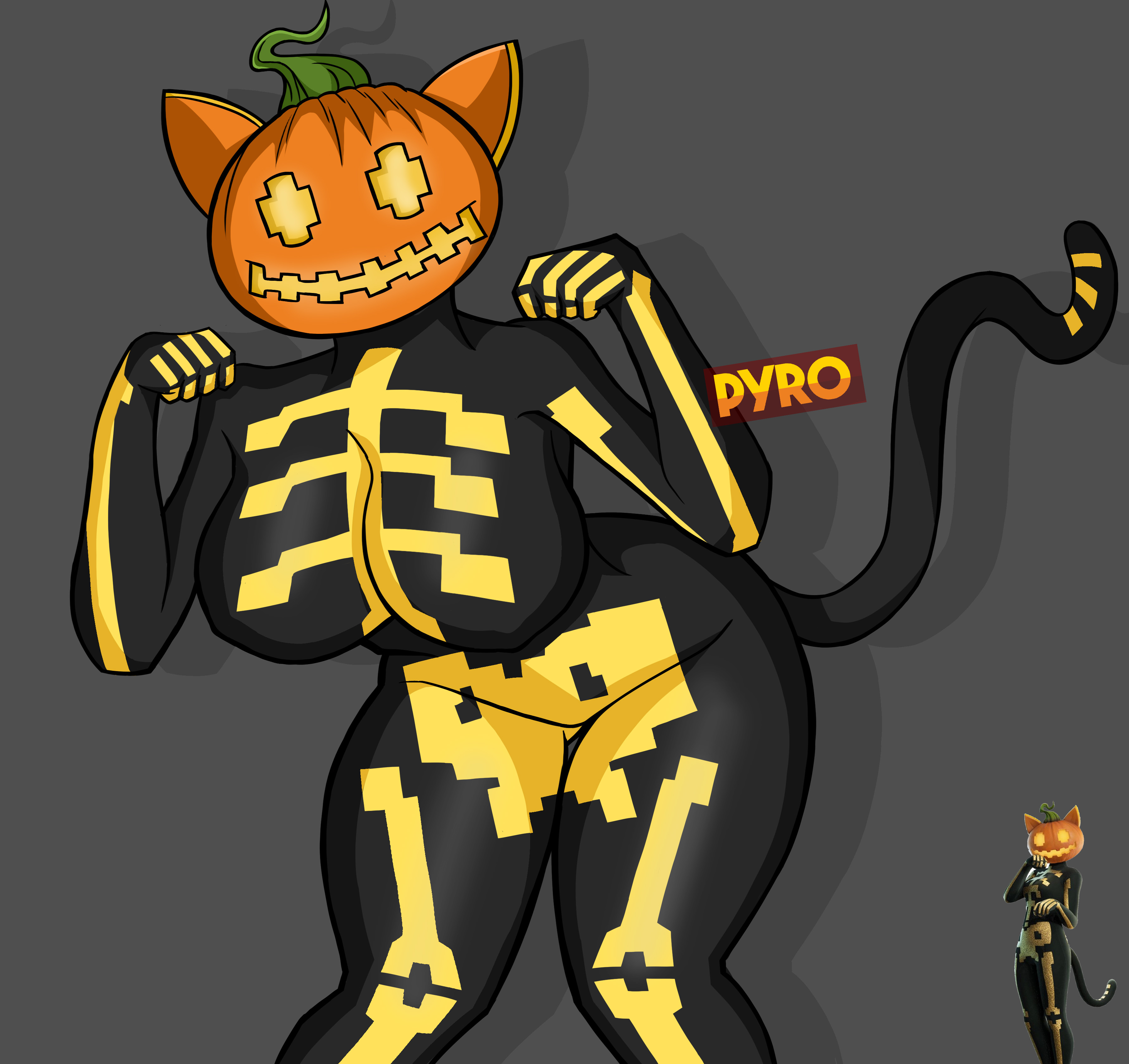 1girls, big breasts, body suit, breasts, cat ears, cat tail, catgirl, female, fortnite, halloween costume, huge ass, party hat pyro, pumpkin, pumpkin head, skeleton markings, smiling, spice (fortnite), tail, thick thighs