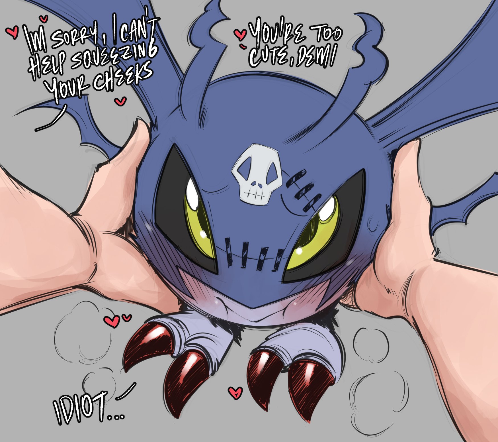 1boy, 1girls, bandai namco, black sclera, blush, demidevimon, dialogue, digimon, digimon (species), english text, female, green eyes, grey background, hands on cheeks, heart, hi res, looking at viewer, male, male pov, male/female, pov, pov eye contact, saltyxodium, talking to viewer, text, wholesome