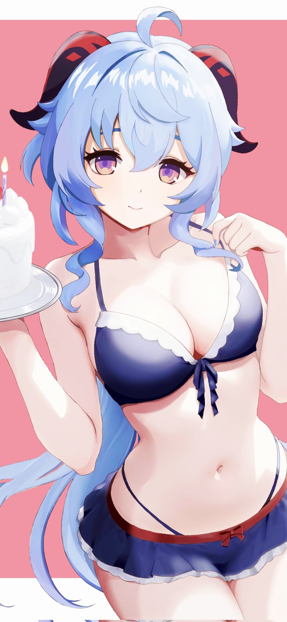 1girls, black swimsuit, blue hair, cleavage, female, female only, ganyu (genshin impact), genshin impact, horns, hoyoverse, mihoyo, miniskirt, multicolored eyes, short skirt, skirt, swimsuit