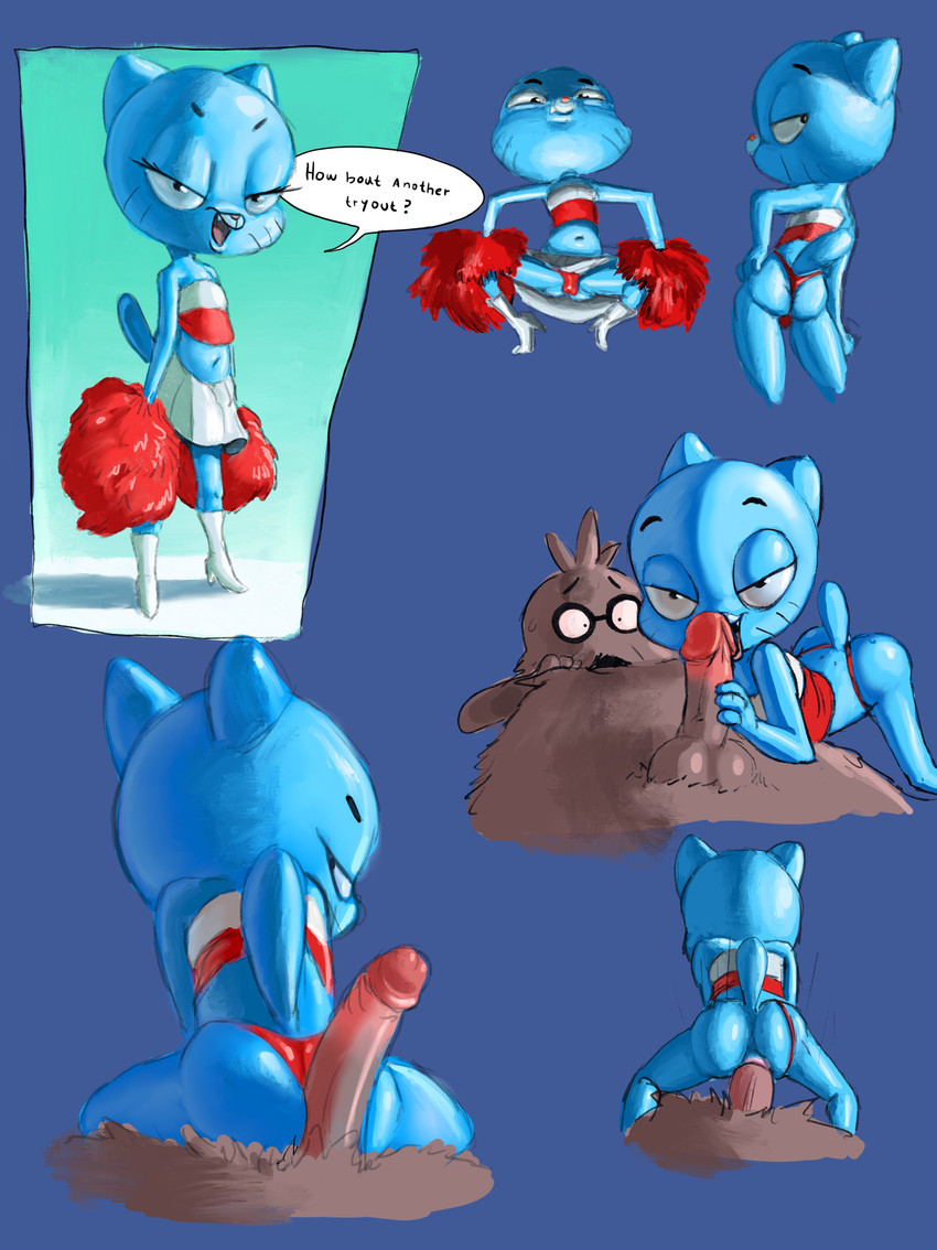 age difference, aged up, anal sex, cartoon network, cheerleader outfit, crossdressing, cub, curved to the right penis, dialogue, dick in ass, digital drawing (artwork), digital media (artwork), femboy, fucking, gay, gay sex, gumball watterson, licking penis, male, male cub, male only, nigel brown, older male, penis, principal, principal brown, swoopay, text, text bubble, the amazing world of gumball, url, younger male