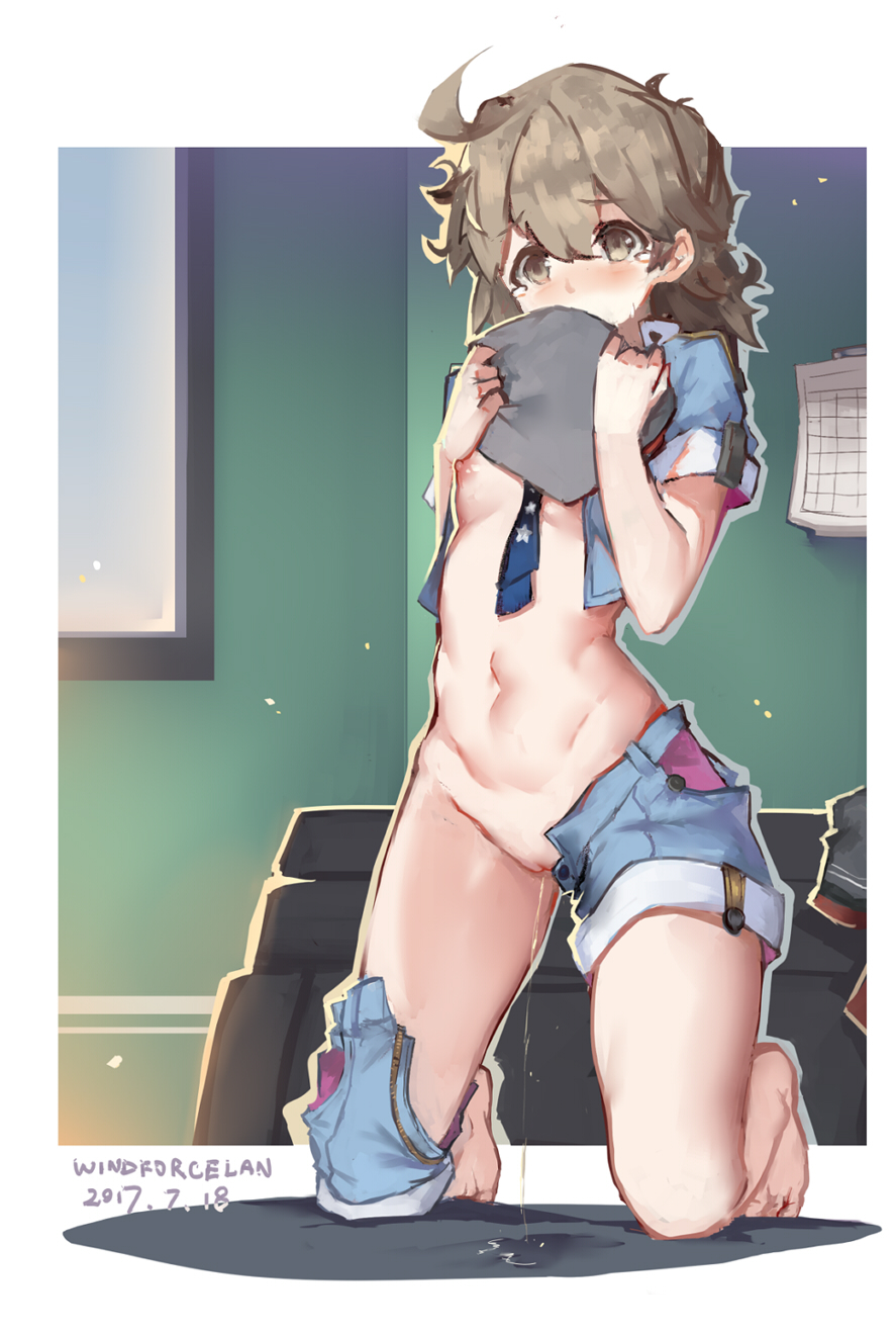 ahoge bangs beret breasts dated eyebrows_visible_through_hair female grey_eyes grey_hair hands_up hat highres holding holding_hat indoors kneeling long_hair mahan_(zhan_jian_shao_nyu) messy_hair navel nipples open_clothes open_shorts peeing short_sleeves shorts small_breasts solo tears thighs unzipped windforcelan window zhan_jian_shao_nyu