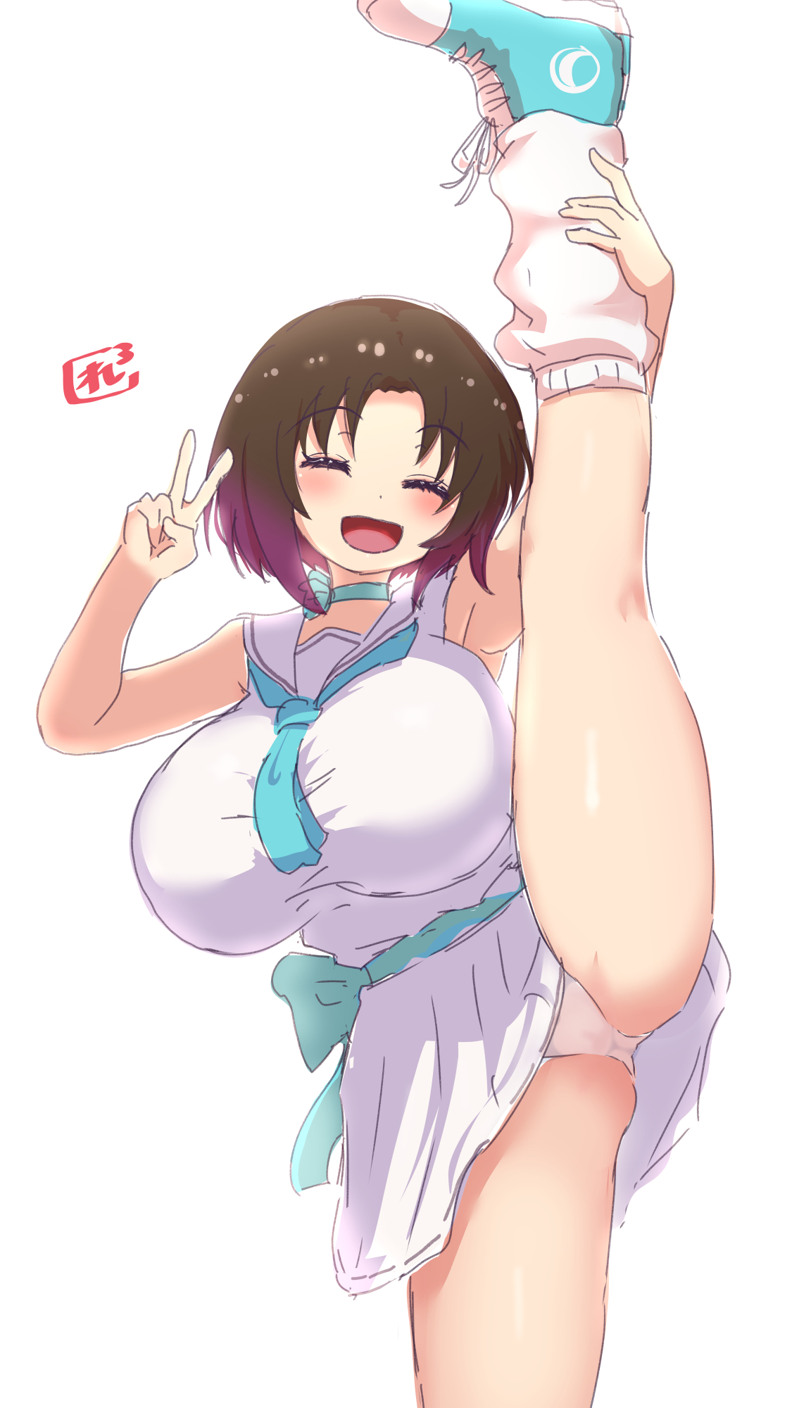 ass visible through thighs, breasts, cameltoe, closed eyes, elma (dragon maid), huge ass, huge breasts, miss kobayashi's dragon maid, ozrereresan, standing on one leg, standing split, thick thighs, v, white panties, wide hips