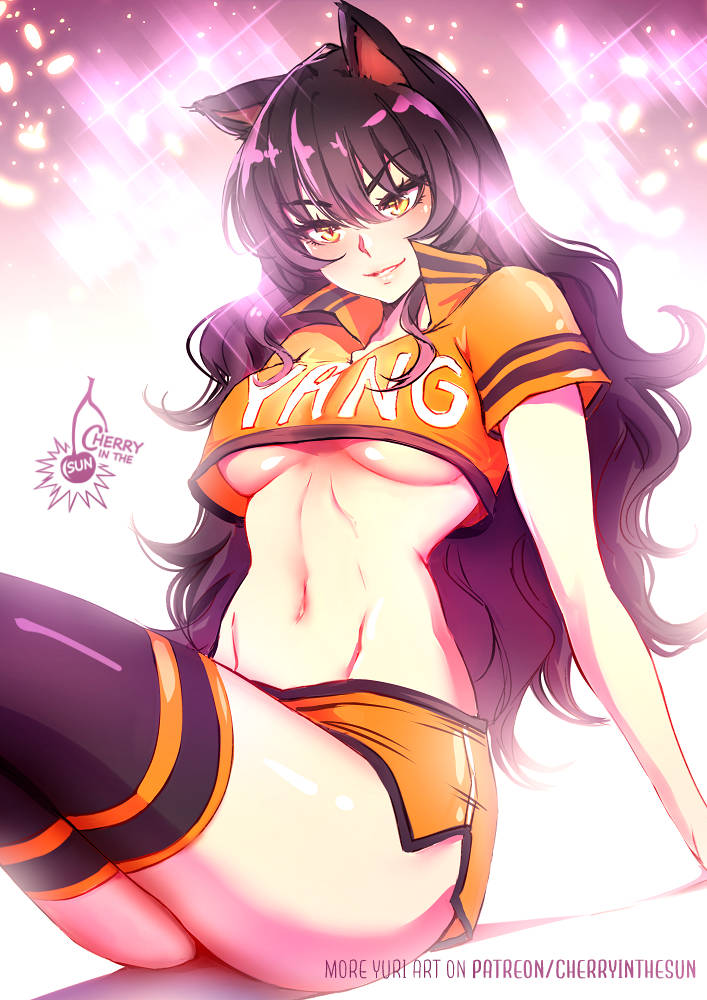 1girls, black hair, blake belladonna, cat ears, cheerleader costume, cherryinthesun, female, female torso, rwby