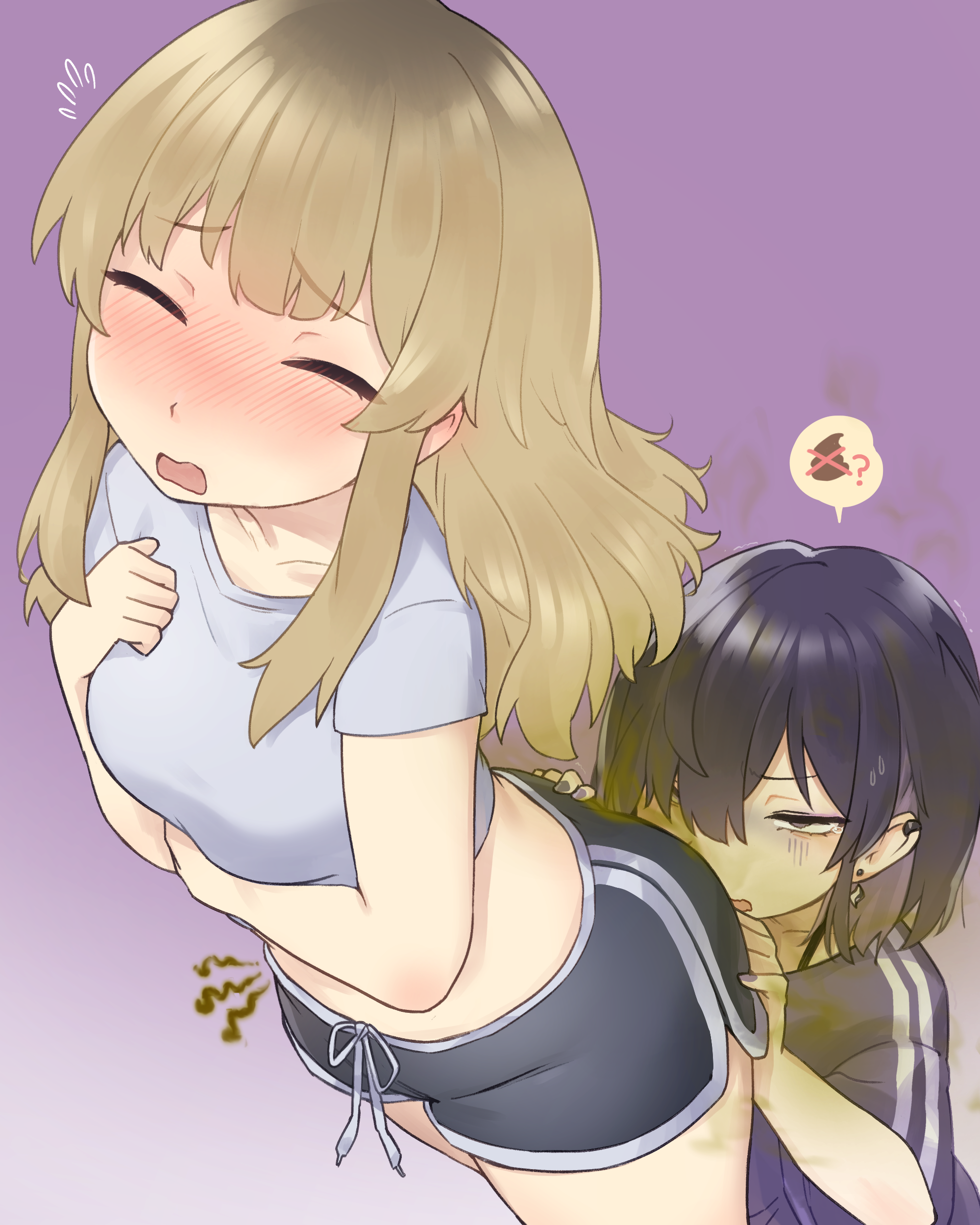 13o, 2girls, blonde hair, blush, clothed, dark hair, disgusted, face fart, face farting, facefart, facefarting, fart, fart cloud, fart fetish, fart in face, fart on face, farting, farting in face, farting on face, female, female only, fully clothed, light-skinned female, stinky fart, upset stomach, yuri